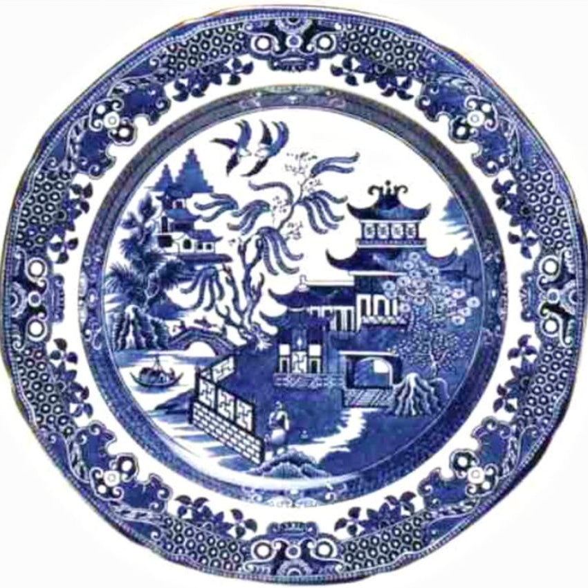 Minton Willow Pattern plate, blue and white design with Chinese buildings, fences, trees and doves