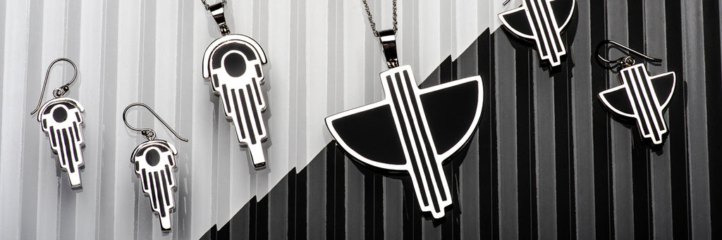 Our Art deco jewellery collection using jet black resin and sterling silver. The Art Deco collection features Art Deco pendants, Art Deco Earrings, Art Deco rings and Art Deco cufflinks that are retro but with a modern edge. 