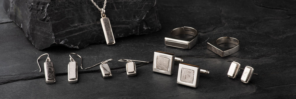 Meteorite jewellery collection including meteorite cufflinks, meteorite pendants, meteorite earrings and meteorite ring