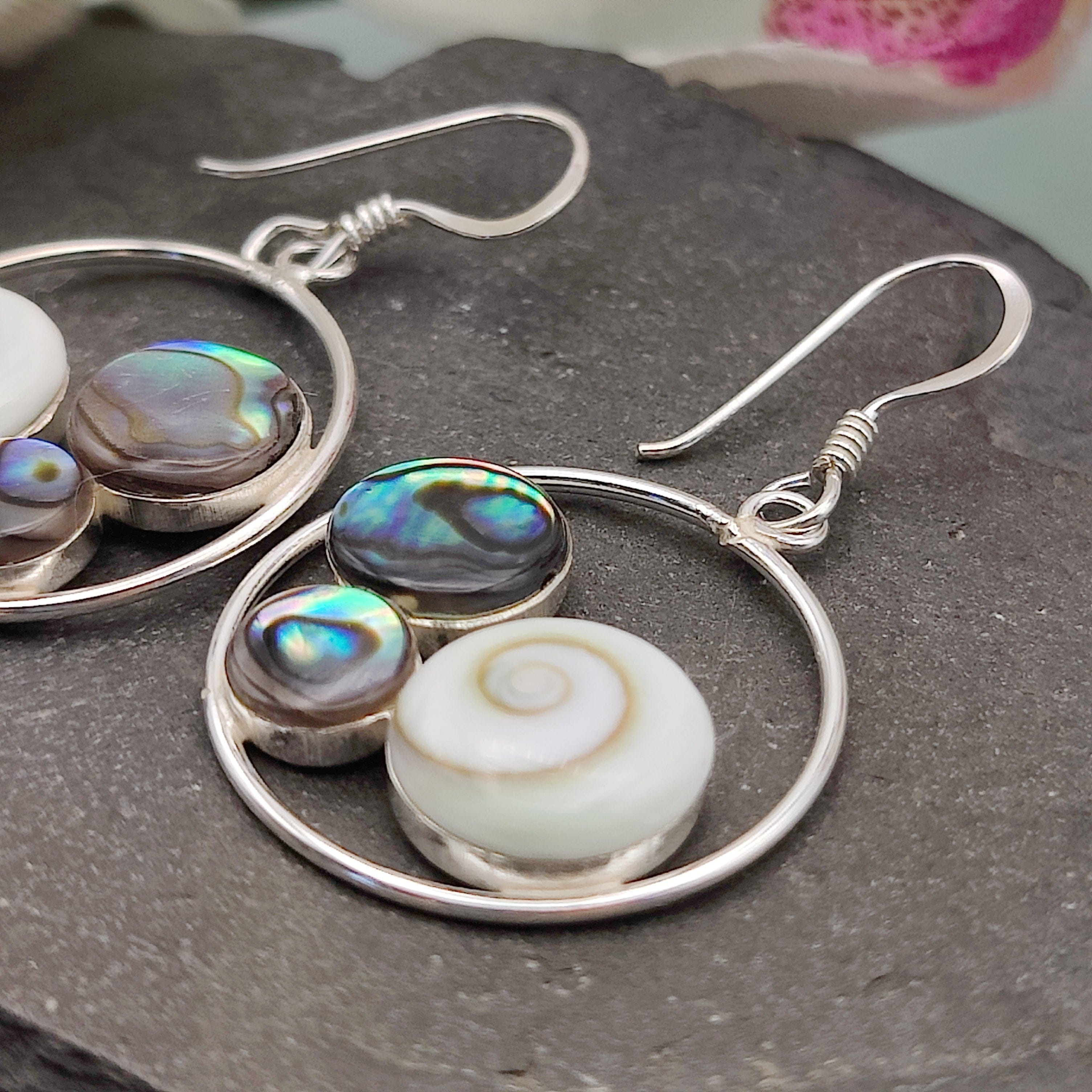 Hepburn and Hughes Abalone and Shiva Eye Earrings | Seashell Jewellery | Sterling Silver
