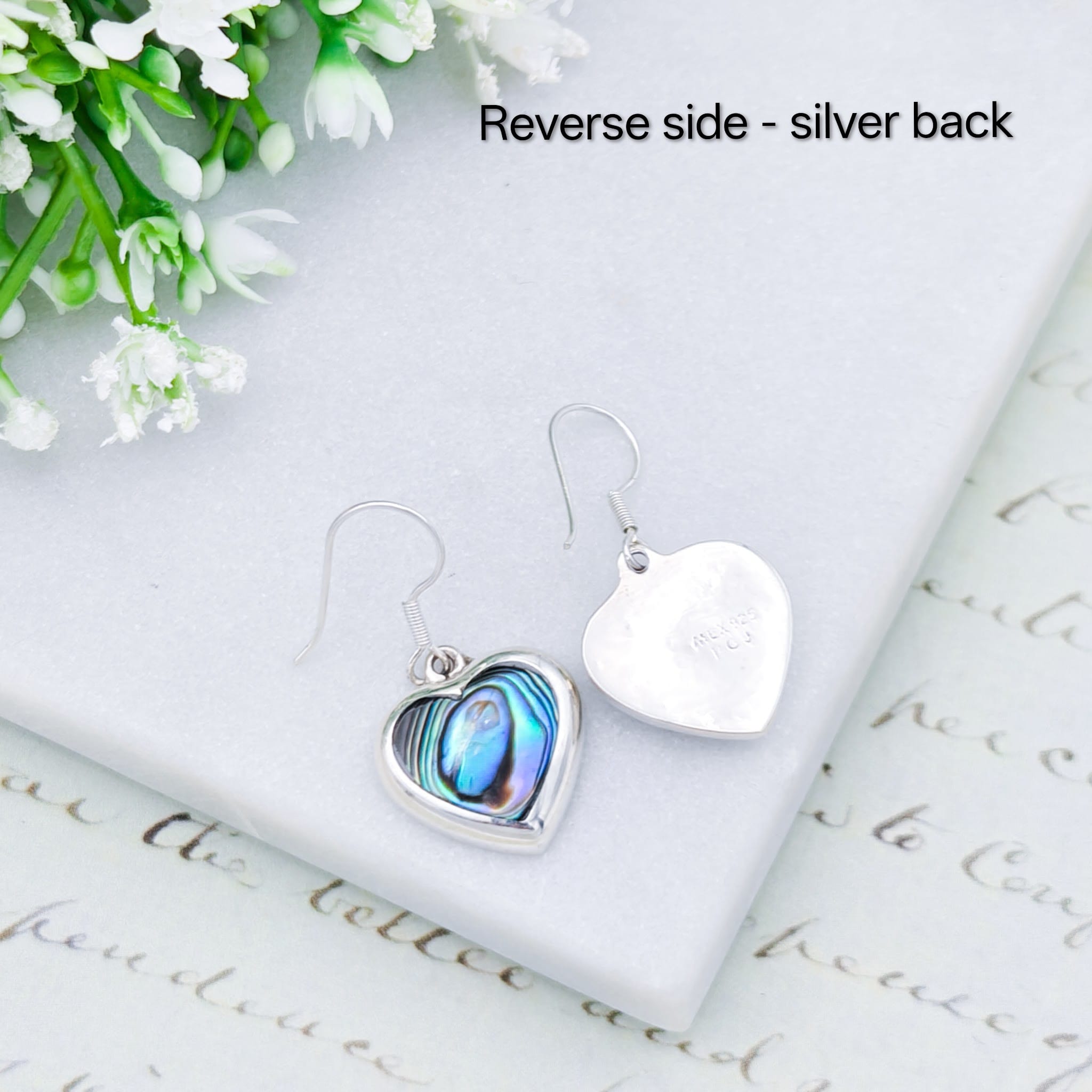 Hepburn and Hughes Abalone Heart Earrings in Sterling Silver | Seashell Gift