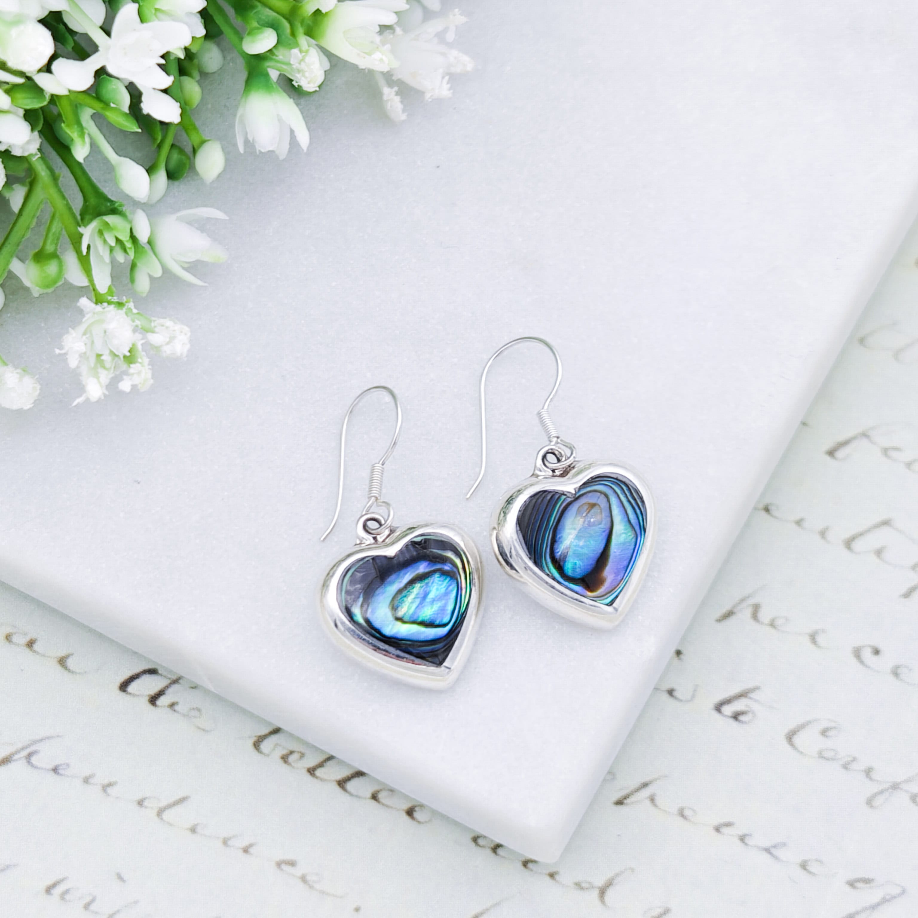 Hepburn and Hughes Abalone Heart Earrings in Sterling Silver | Seashell Gift