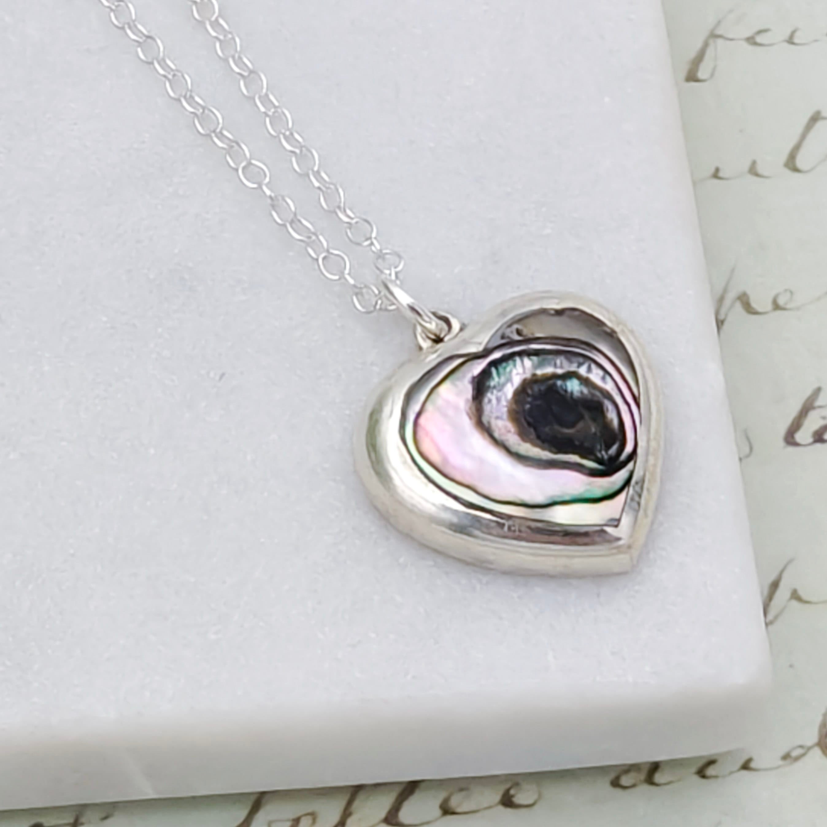 Hepburn and Hughes Abalone Heart Pendant set in sterling silver | 20mm wide | Seashell Gift