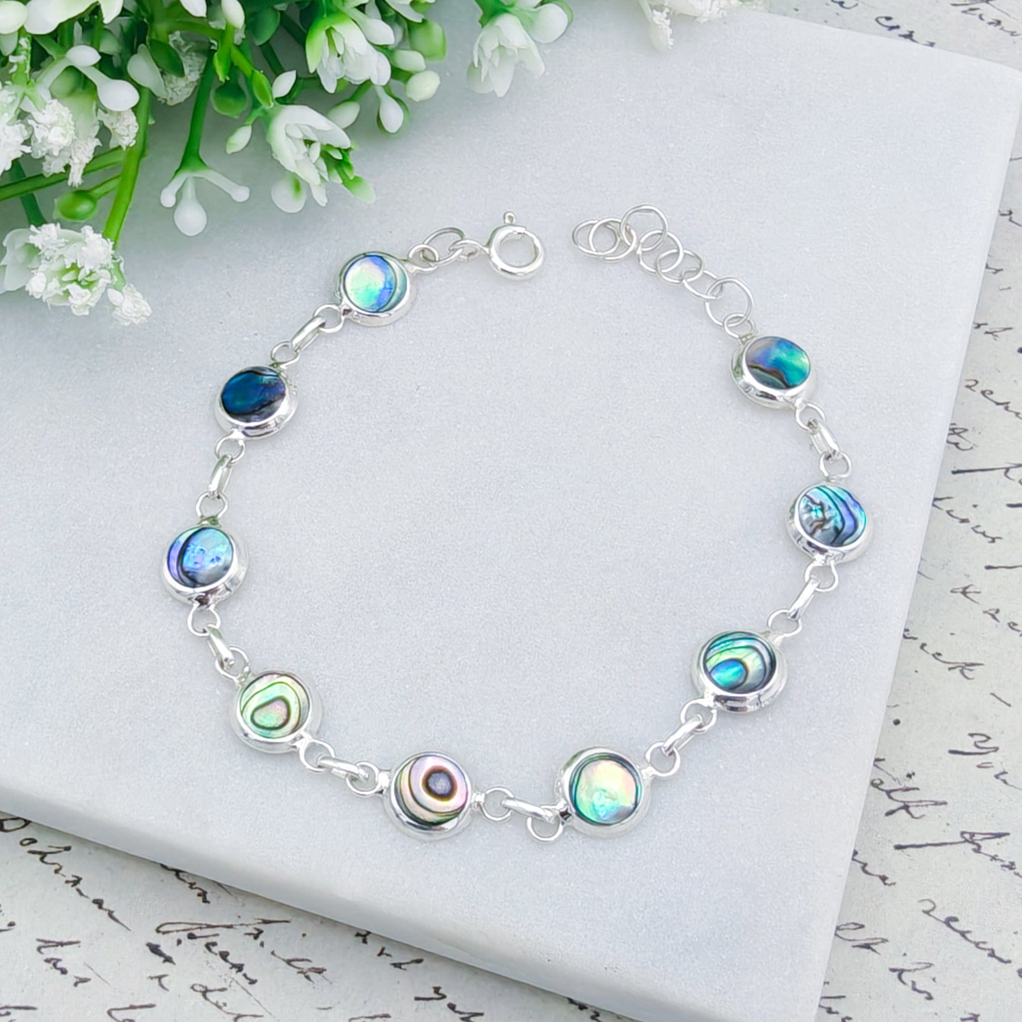 Hepburn and Hughes Abalone Shell Bracelet | Eight 8mm Round Shells | Sterling Silver