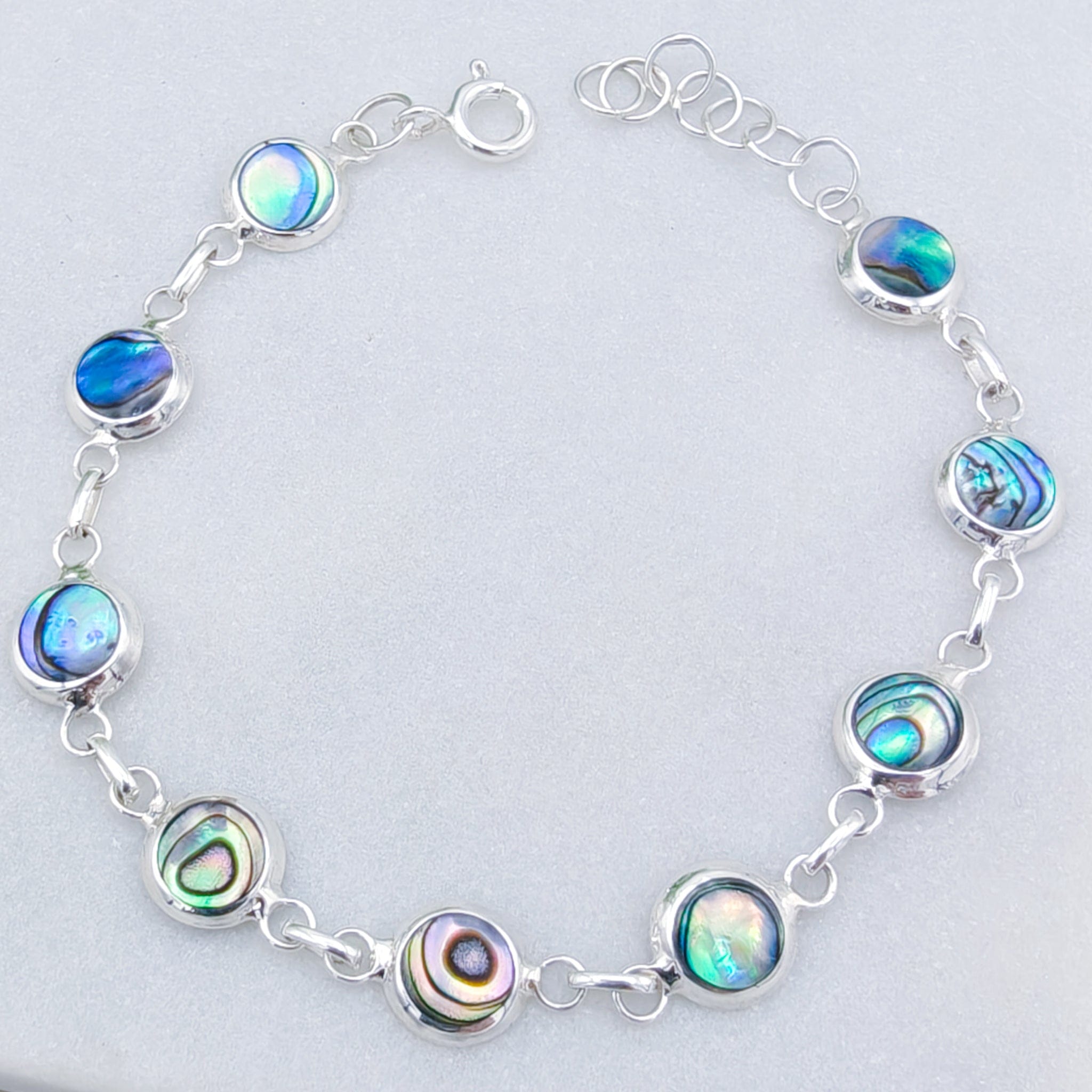Hepburn and Hughes Abalone Shell Bracelet | Eight 8mm Round Shells | Sterling Silver