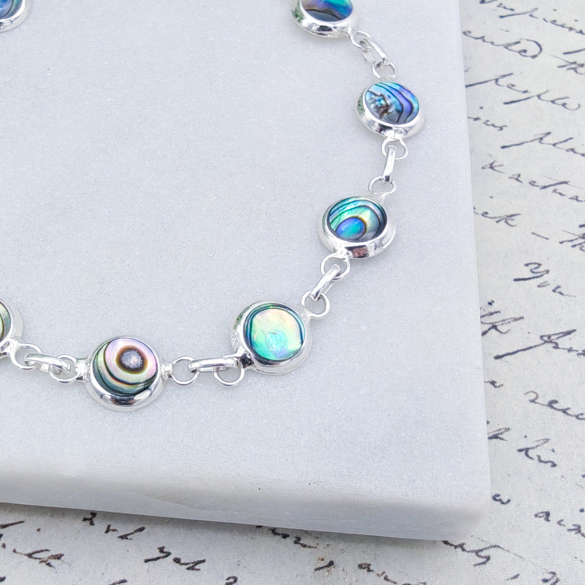 Hepburn and Hughes Abalone Shell Bracelet | Eight 8mm Round Shells | Sterling Silver