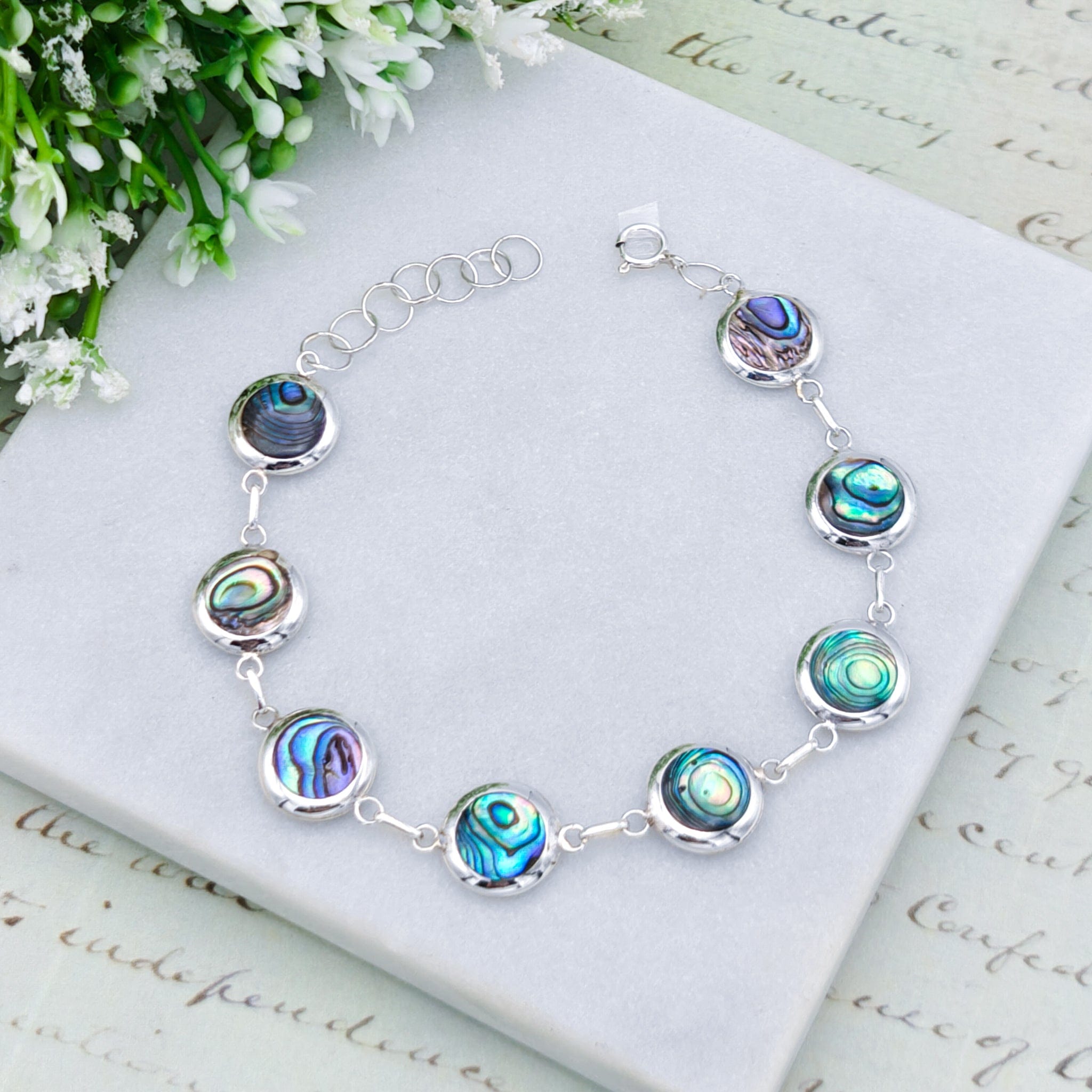 Hepburn and Hughes Abalone Shell Bracelet | Eight Round Shells | Two Styles | Sterling Silver