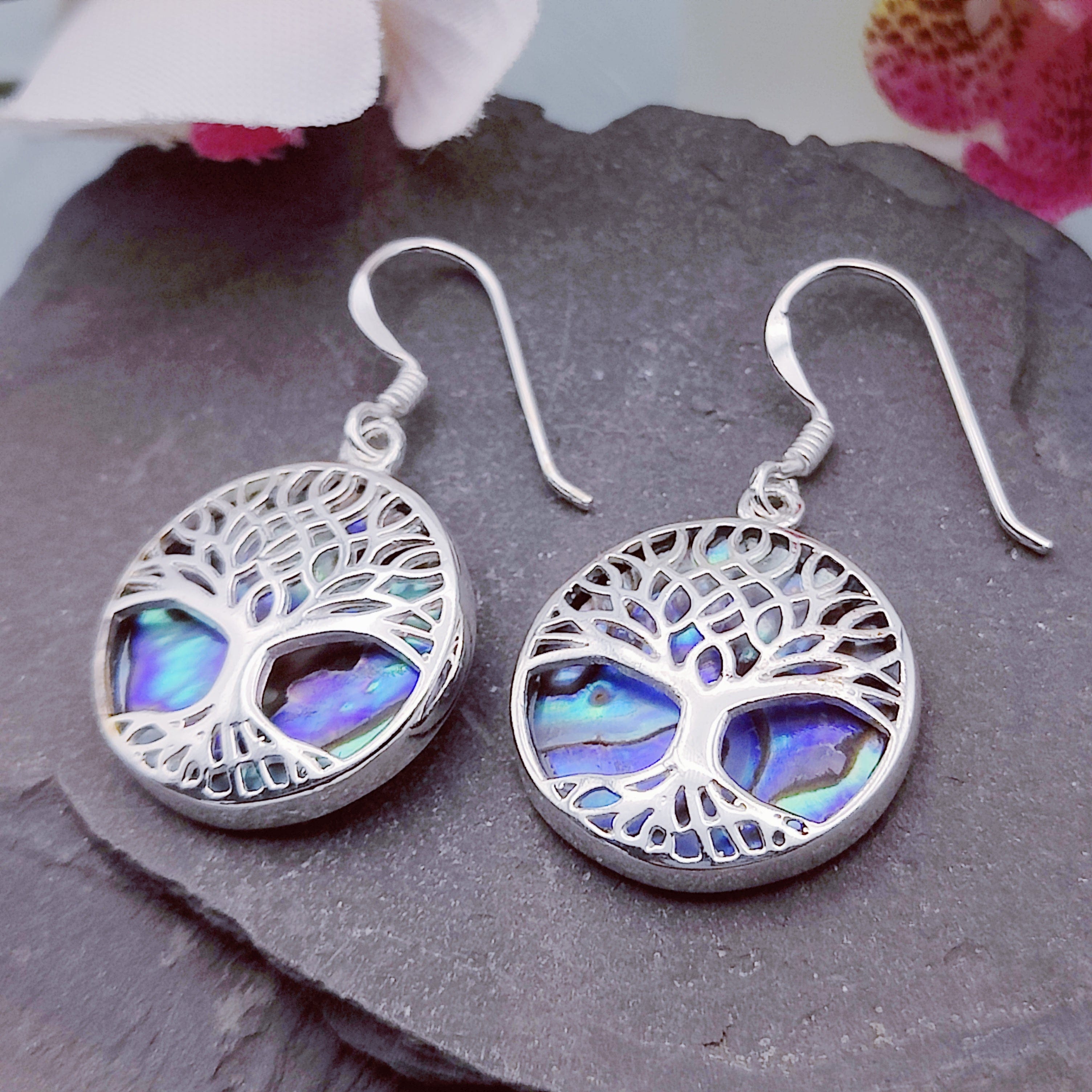 Hepburn and Hughes Abalone Shell Earrings | 18mm Tree of Life | Reversible | Sterling Silver