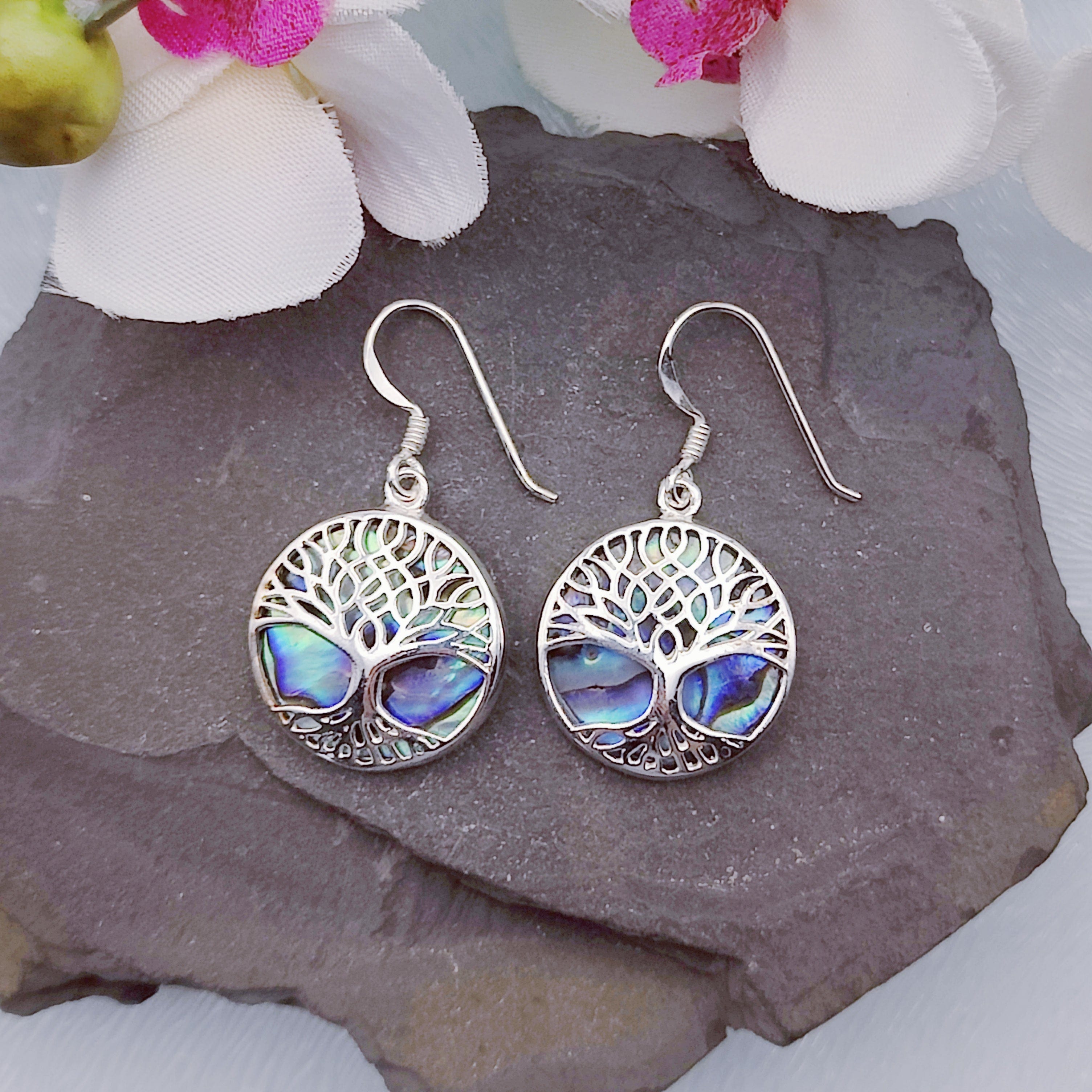 Hepburn and Hughes Abalone Shell Earrings | 18mm Tree of Life | Reversible | Sterling Silver