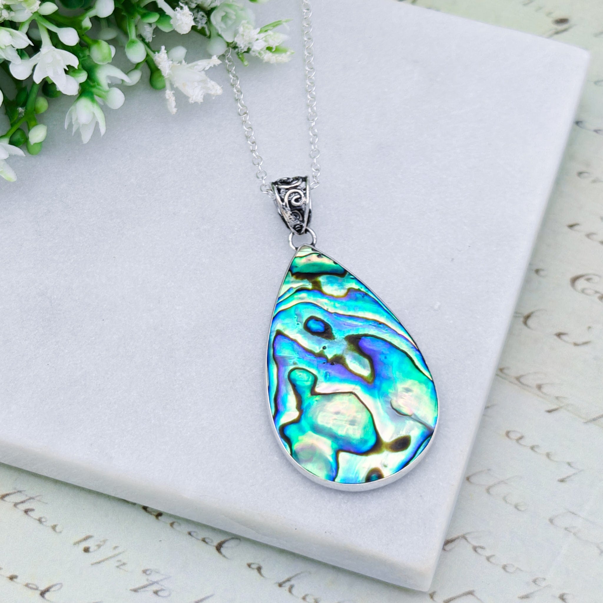 Hepburn and Hughes Abalone Shell Pendant | 50mm Teardrop | Mother of Pearl Reverse | Sterling Silver
