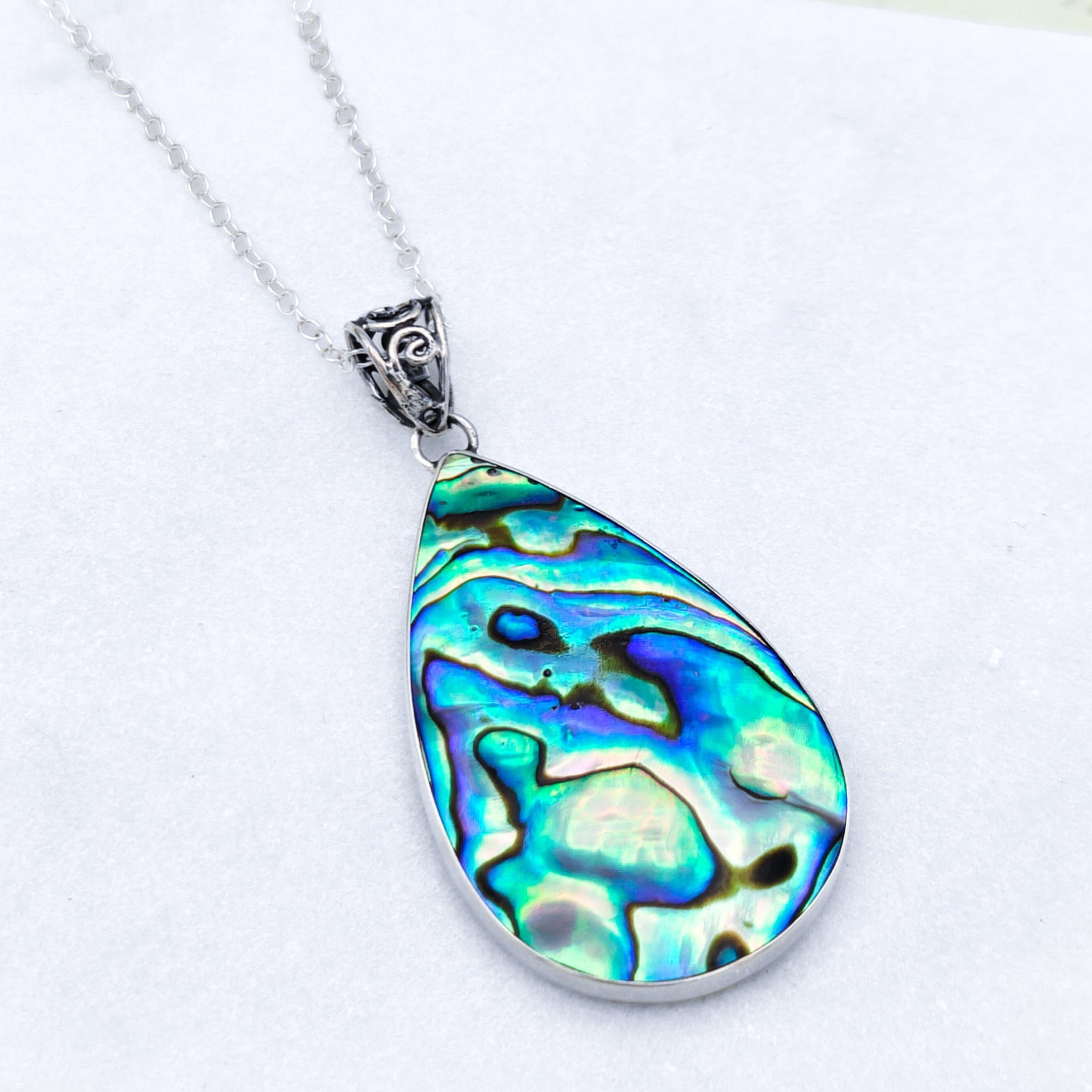Hepburn and Hughes Abalone Shell Pendant | 50mm Teardrop | Mother of Pearl Reverse | Sterling Silver
