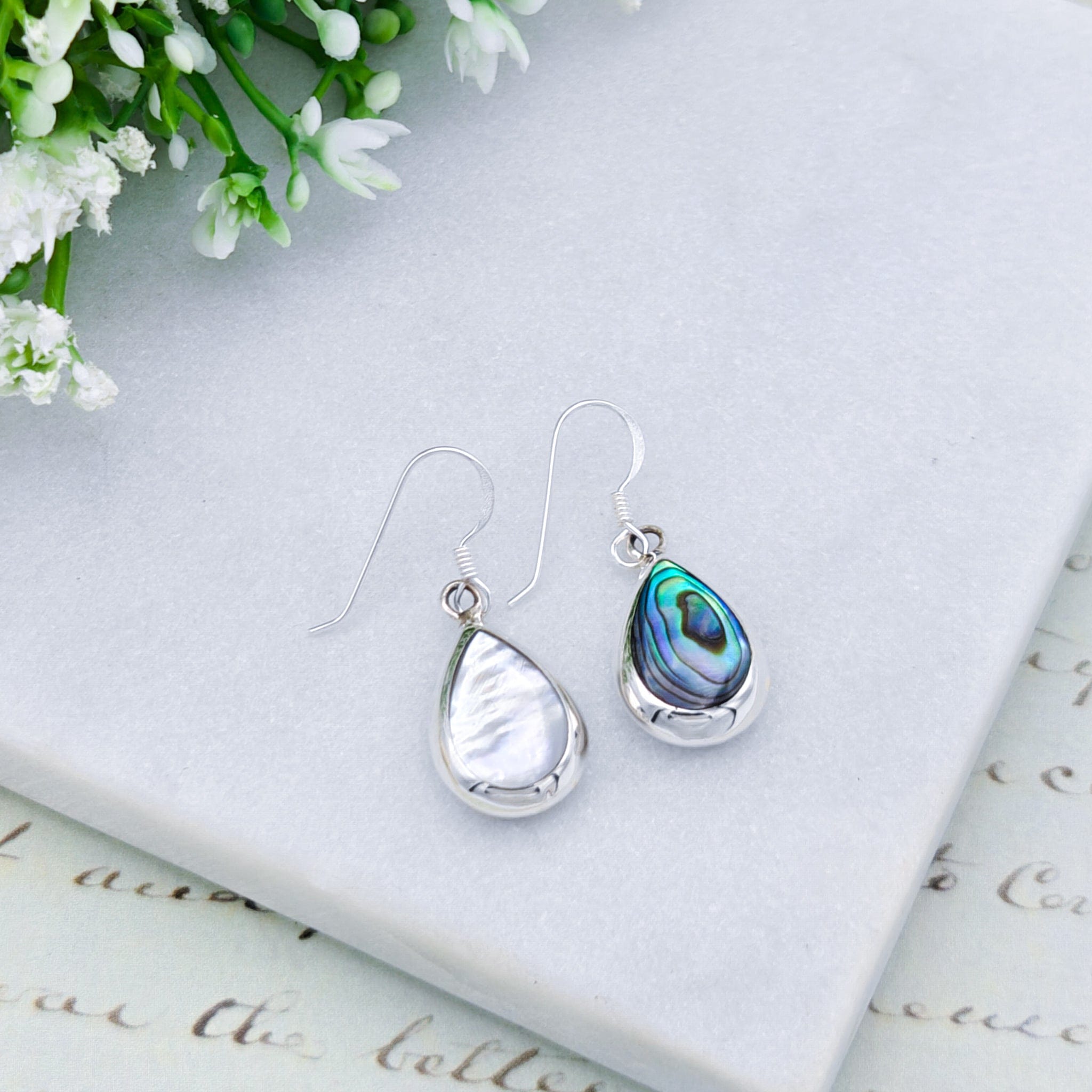 Hepburn and Hughes Abalone Teardrop Earrings | Mother of Pearl on reverse | Seashell Gift | Sterling Silver