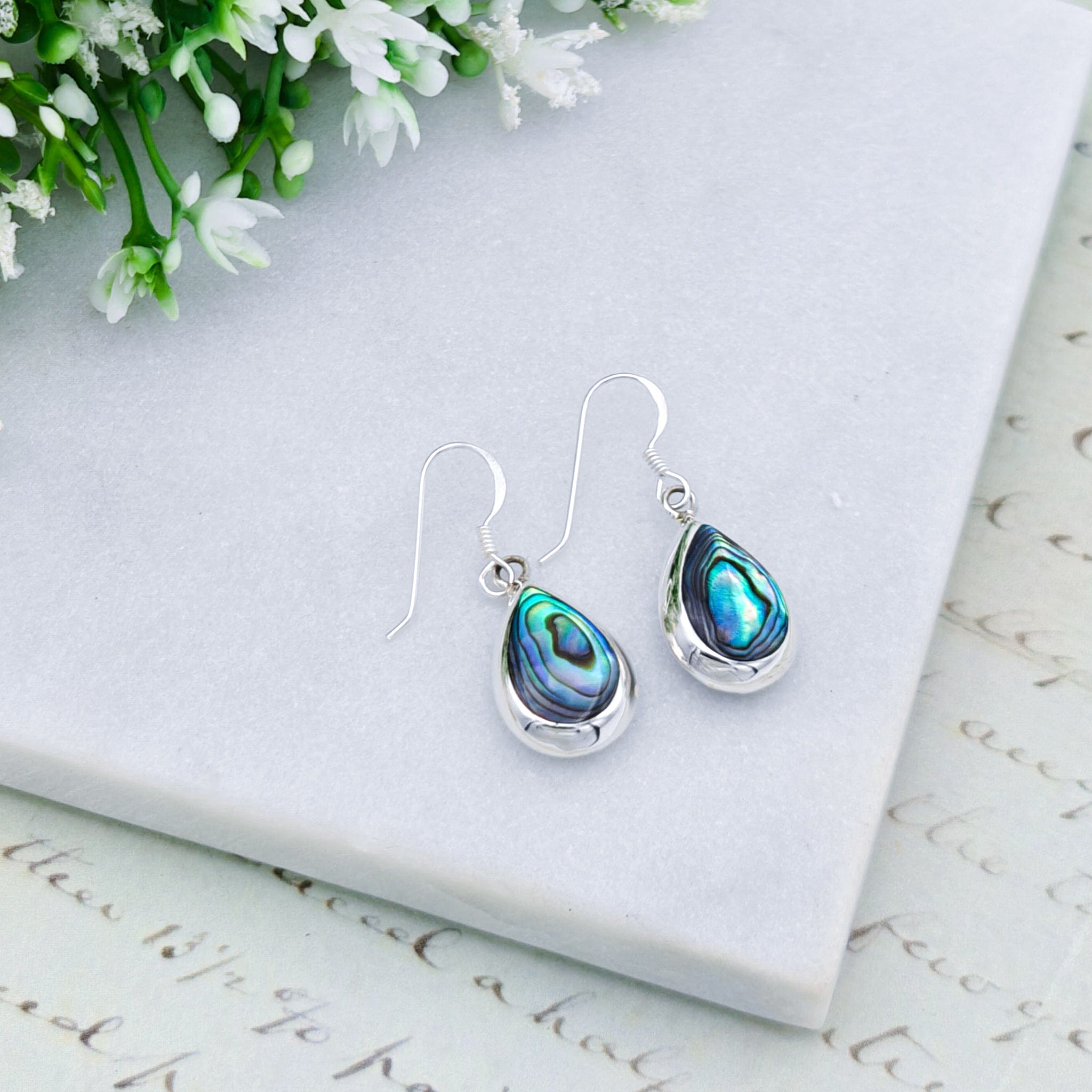 Hepburn and Hughes Abalone Teardrop Earrings | Mother of Pearl on reverse | Seashell Gift | Sterling Silver