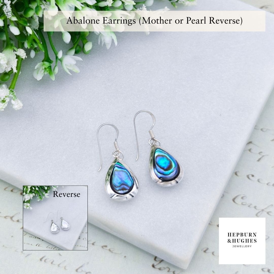 Hepburn and Hughes Abalone Teardrop Earrings | Mother of Pearl on reverse | Seashell Gift | Sterling Silver