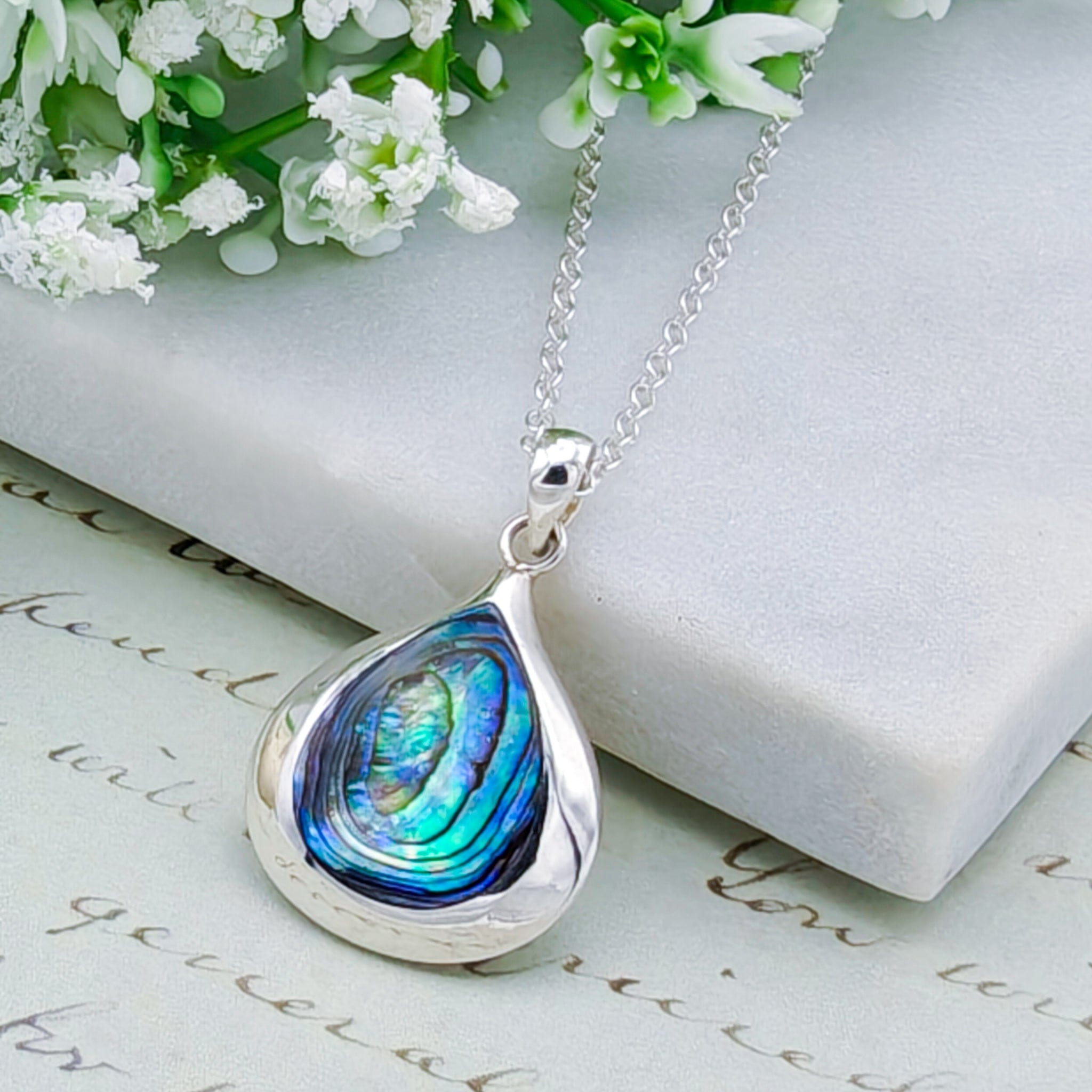 Hepburn and Hughes Abalone Teardrop Pendant | Shiva Eye on Reverse | Shell Gift | Sterling Silver