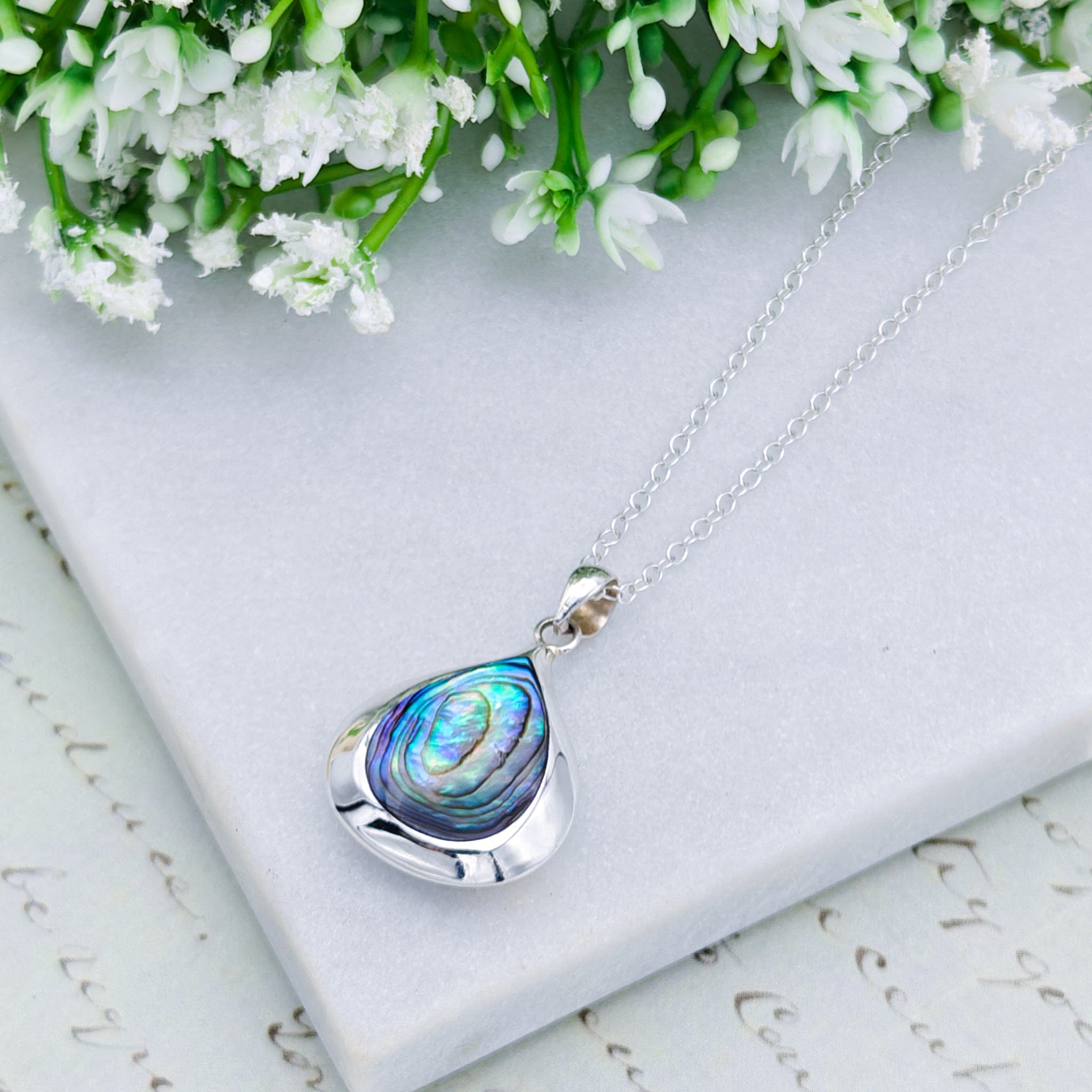 Hepburn and Hughes Abalone Teardrop Pendant | Shiva Eye on Reverse | Shell Gift | Sterling Silver