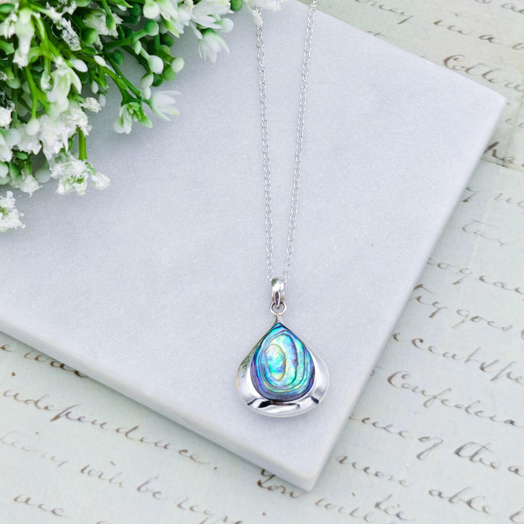 Hepburn and Hughes Abalone Teardrop Pendant | Shiva Eye on Reverse | Shell Gift | Sterling Silver