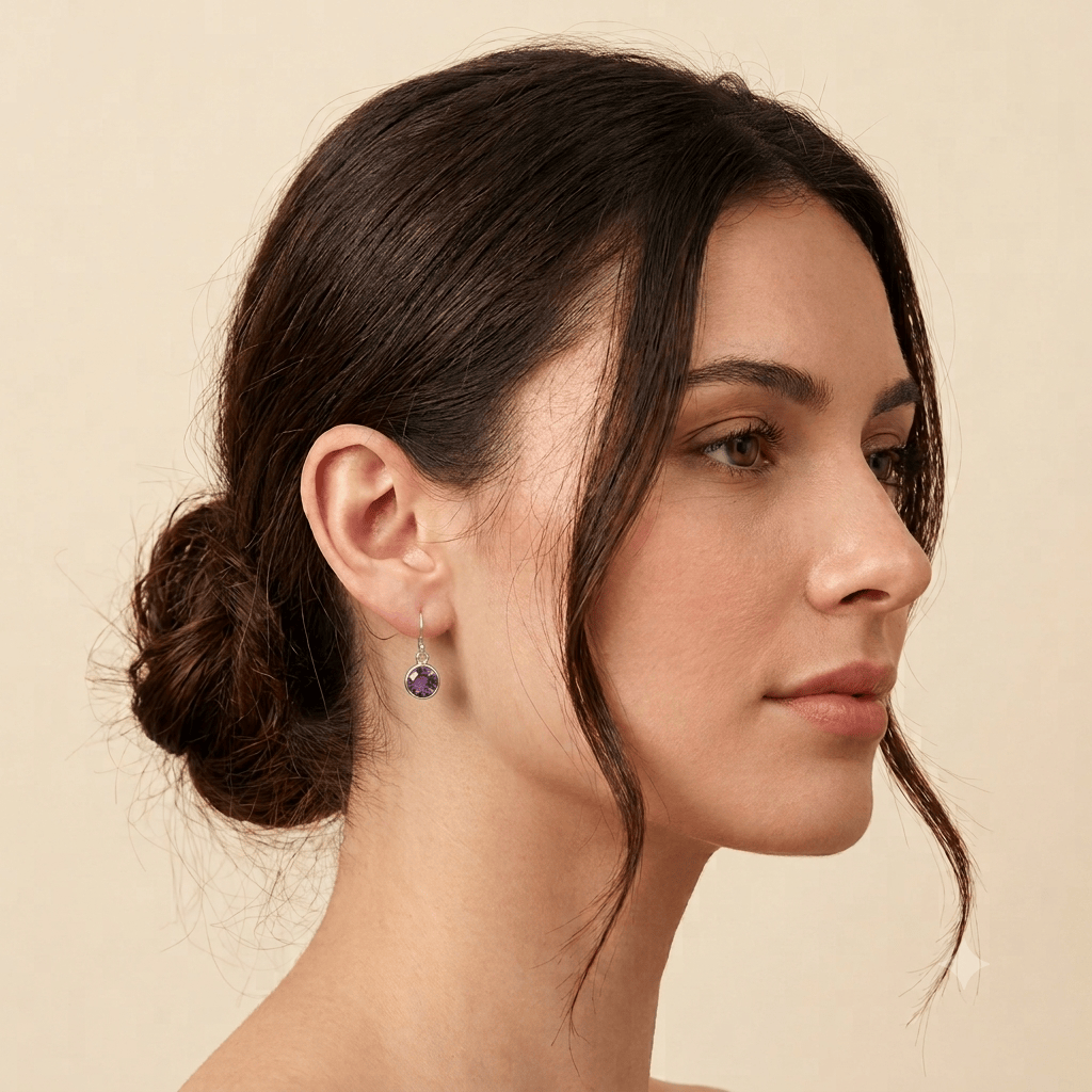 Hepburn and Hughes Amethyst Earrings | Aquarius Gift | Faceted 10mm Circle | Sterling Silver