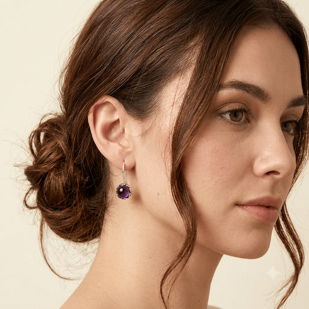 Hepburn and Hughes Amethyst Earrings with Swirl setting | February Birthstone | Sterling Silver