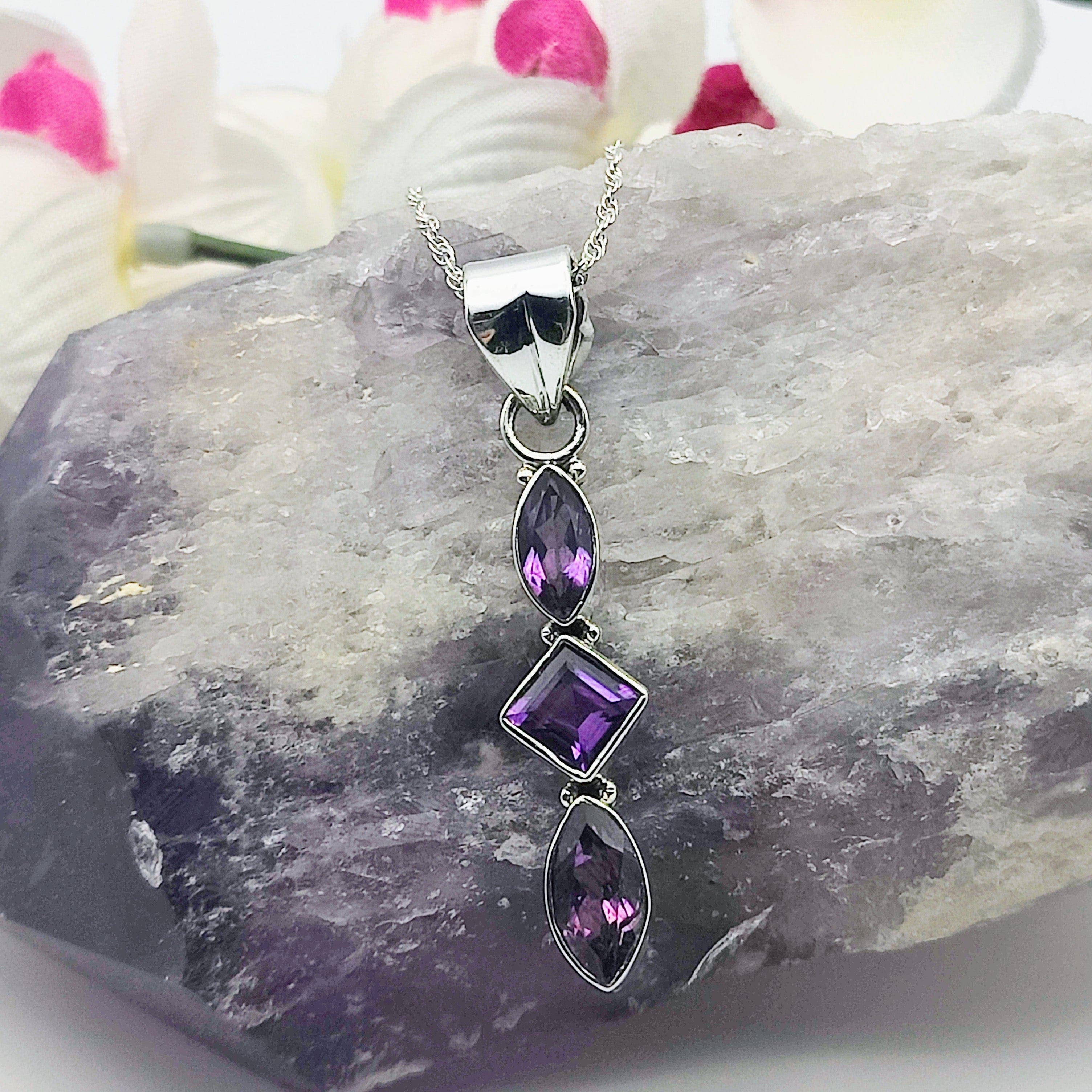 Hepburn and Hughes Amethyst Long Drop Pendant | Triple Stone | Sterling Silver