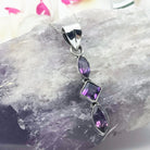 Hepburn and Hughes Amethyst Long Drop Pendant | Triple Stone | Sterling Silver