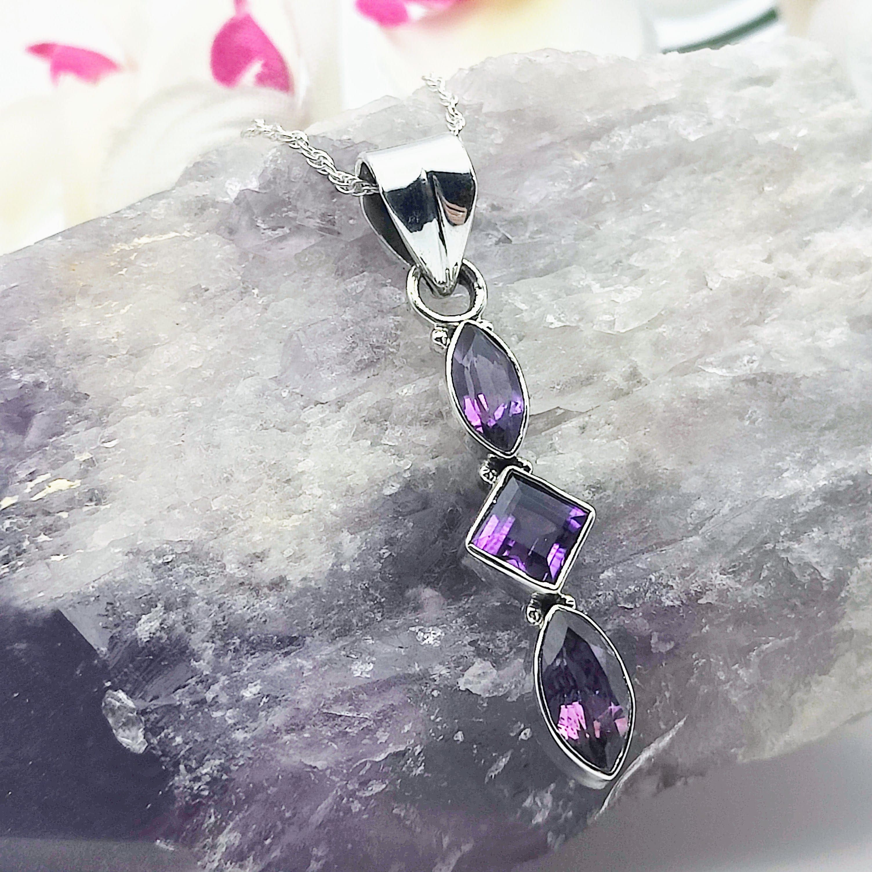 Hepburn and Hughes Amethyst Long Drop Pendant | Triple Stone | Sterling Silver