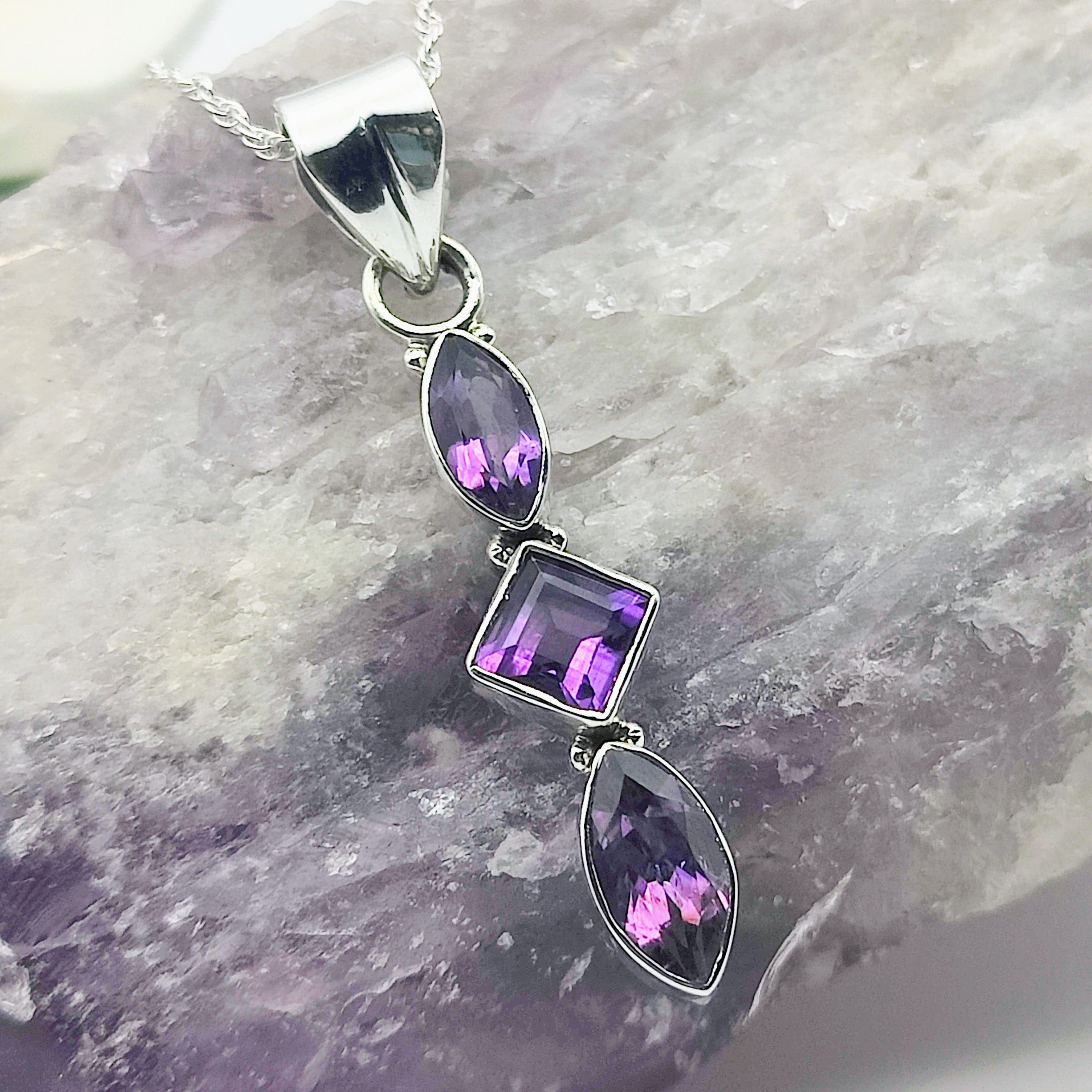 Hepburn and Hughes Amethyst Long Drop Pendant | Triple Stone | Sterling Silver