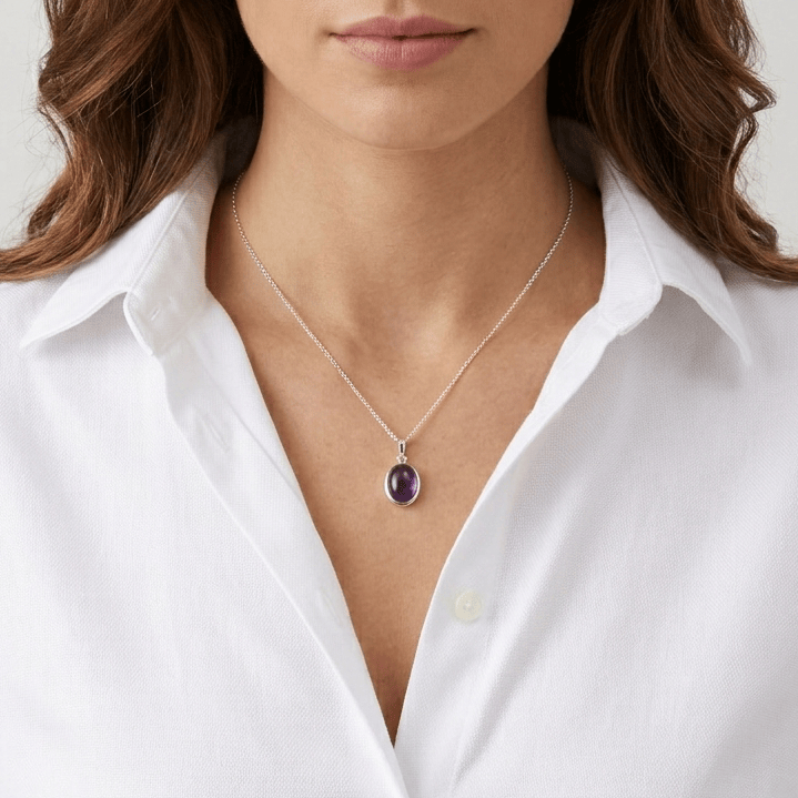 Hepburn and Hughes Amethyst Pendant | February Birthstone | 15mm Oval | Sterling Silver