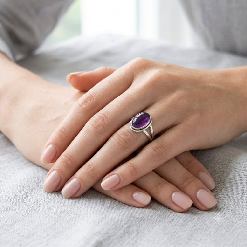 Hepburn and Hughes Amethyst Sterling Silver 20mm Oval Ring | February Gift | Various sizes