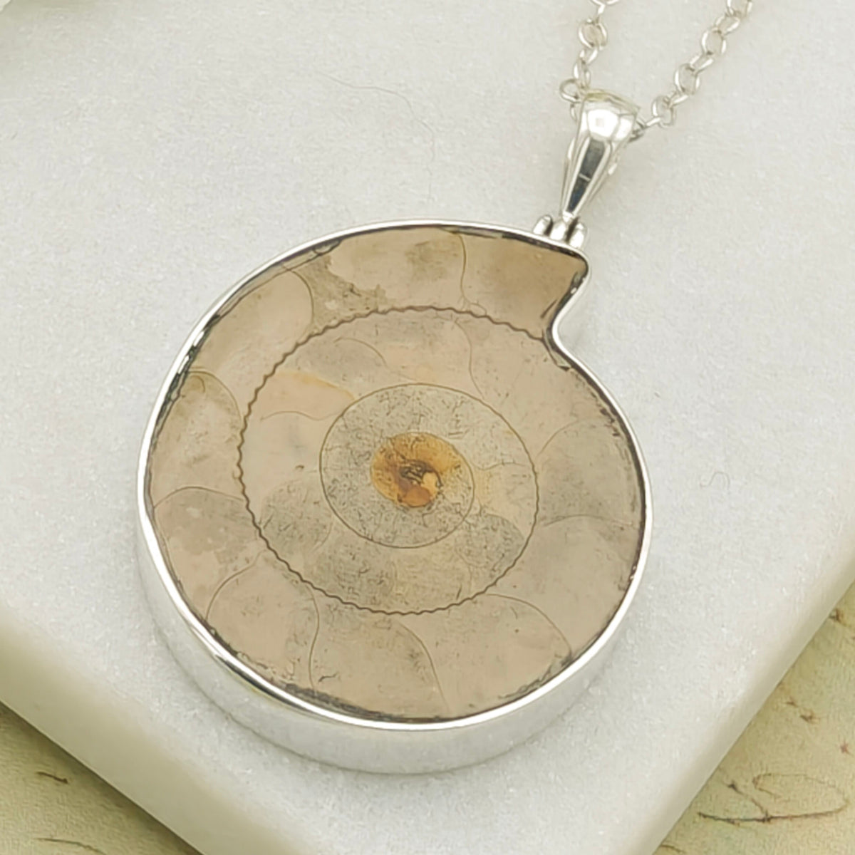 Hepburn and Hughes Ammonite Pendant | 30mm Light Madagascan Fossil Jewellery | Sterling Silver