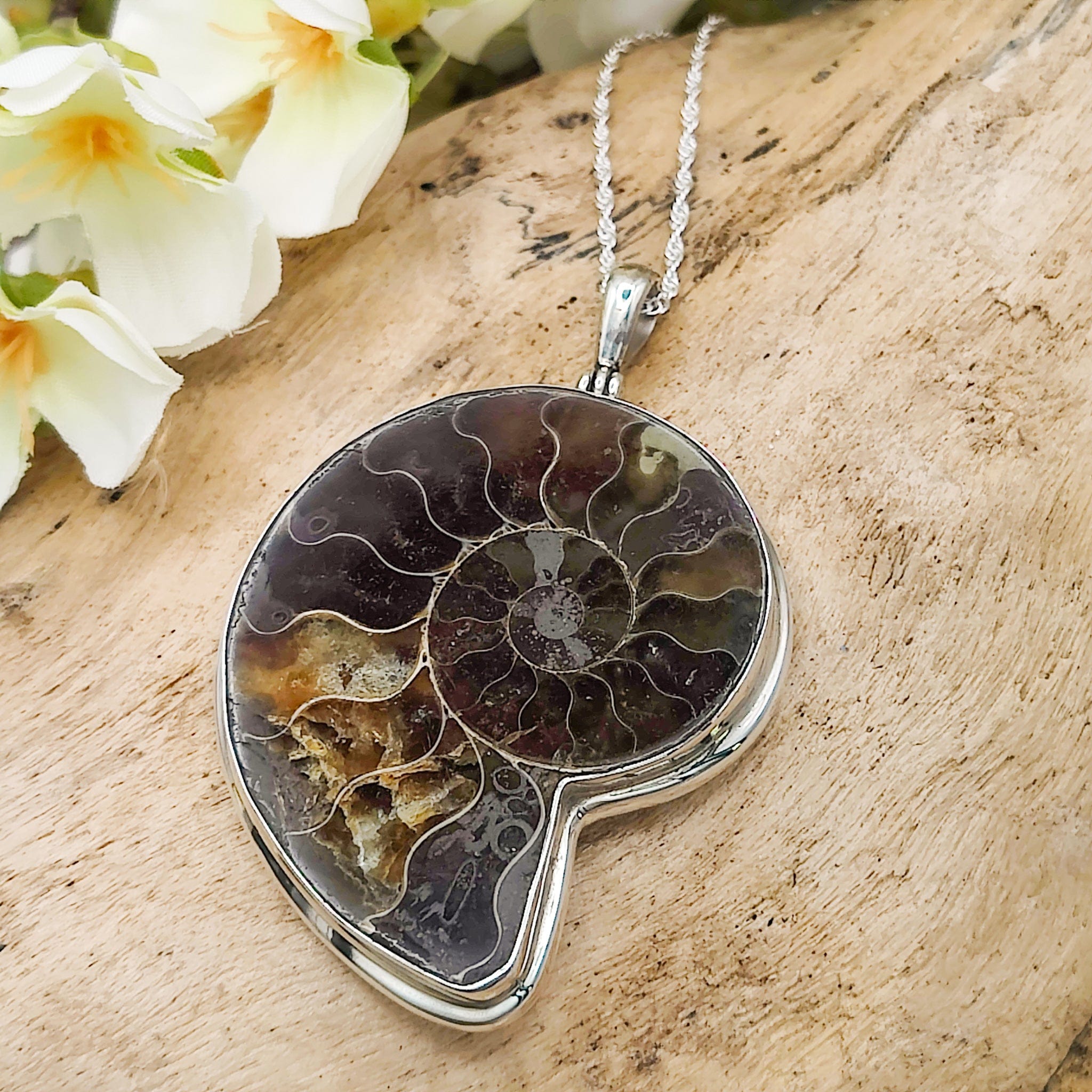 Hepburn and Hughes Ammonite Pendant | 42mm Madagascan Fossil Jewellery | Sterling Silver