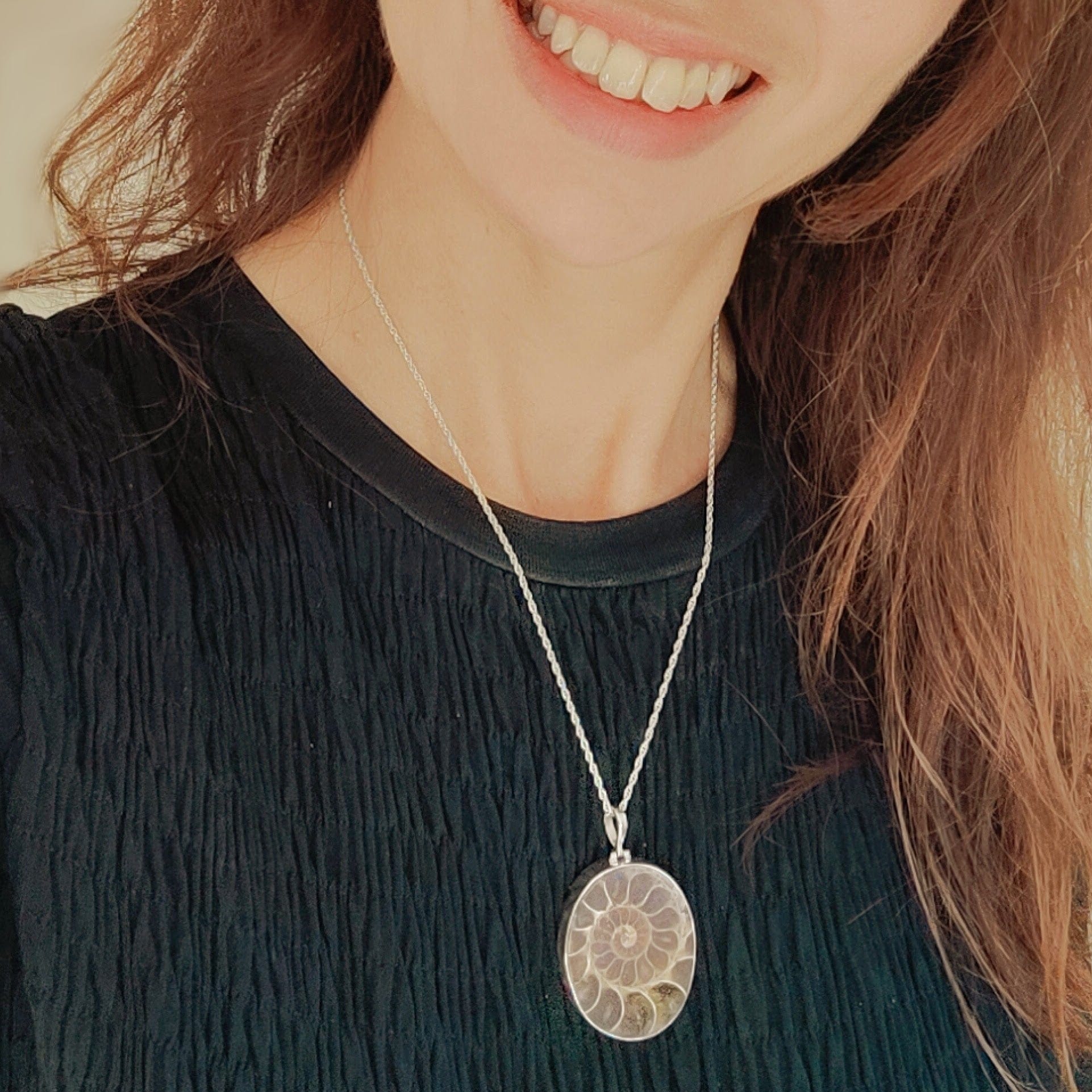 Hepburn and Hughes Ammonite Pendant | Oval Fossil Necklace | Two Options | Sterling Silver