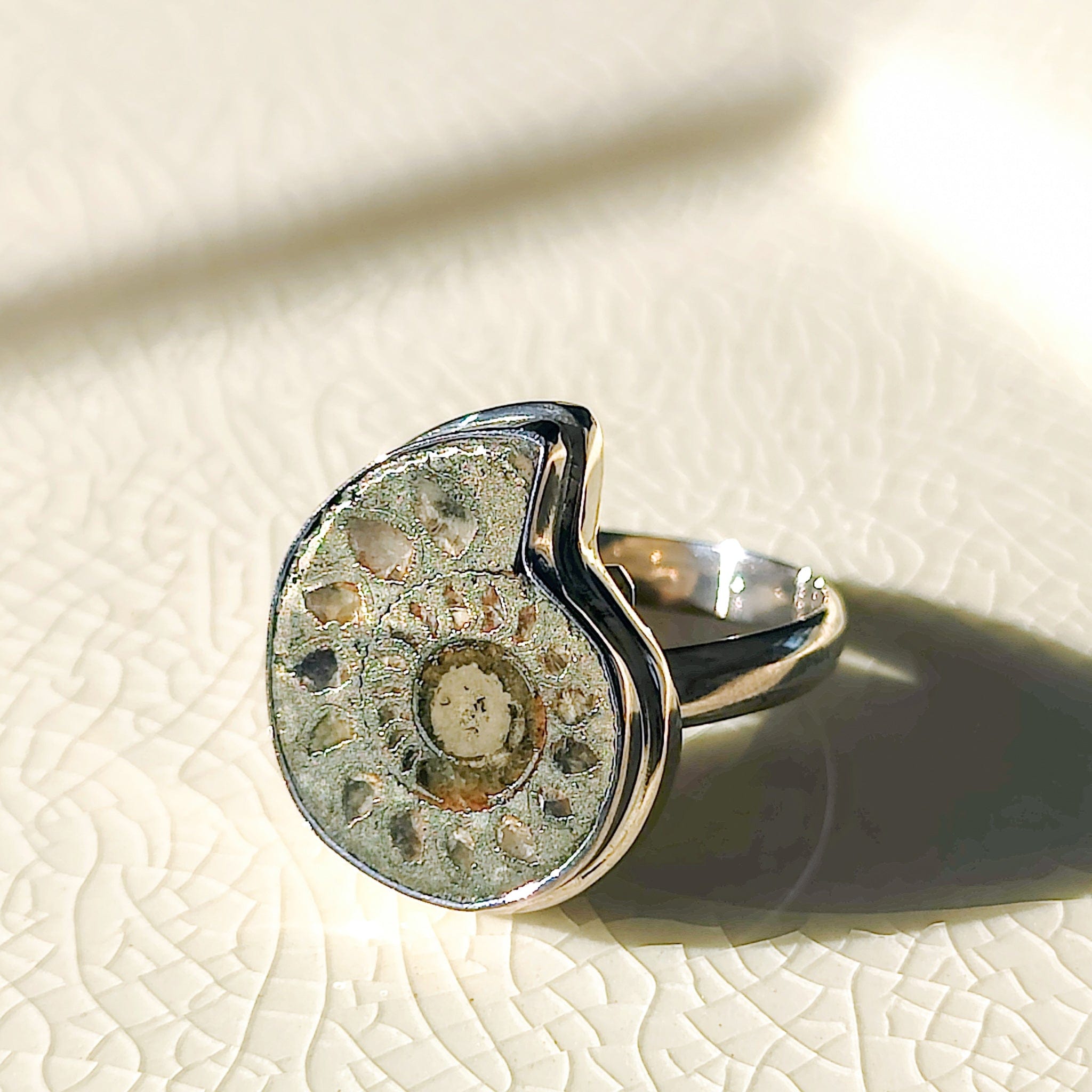 Hepburn and Hughes Ammonite Ring | Pyrite Ammonite Ring | Sterling Silver