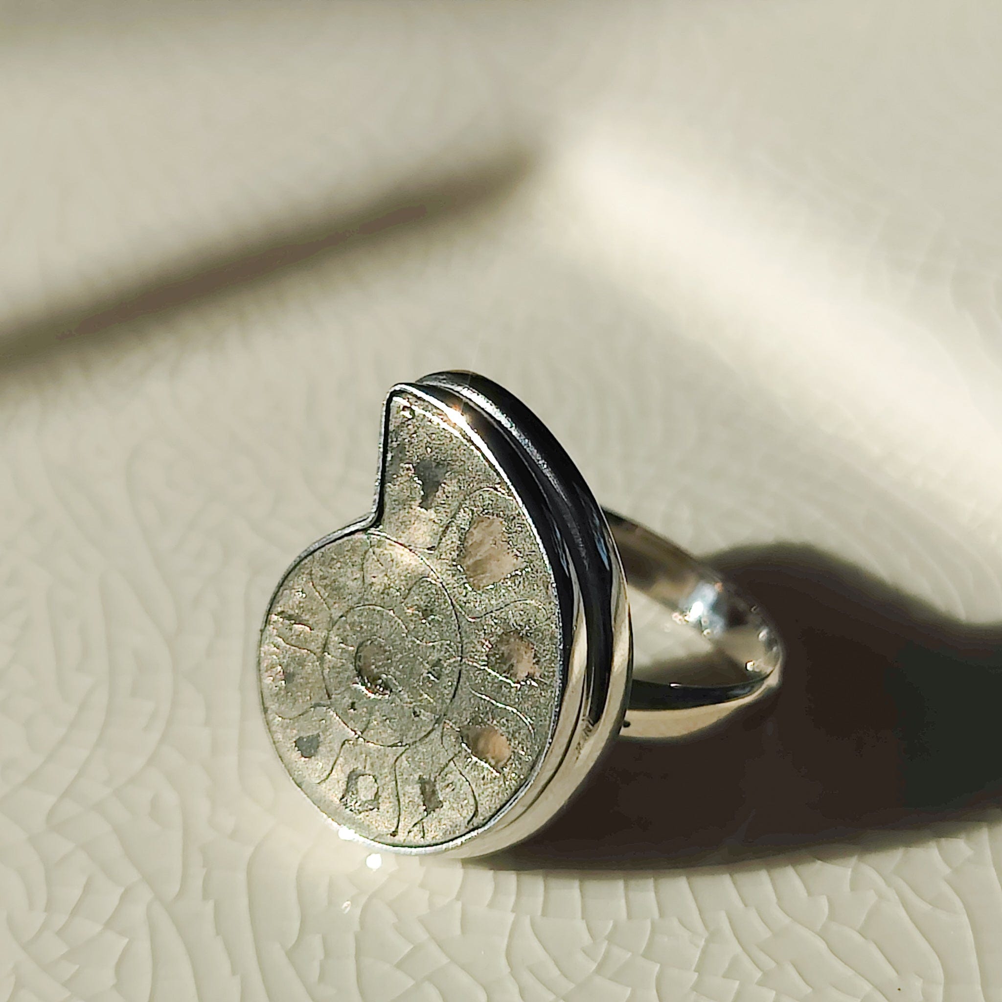 Hepburn and Hughes Ammonite Ring | Pyrite Ammonite Ring | Sterling Silver