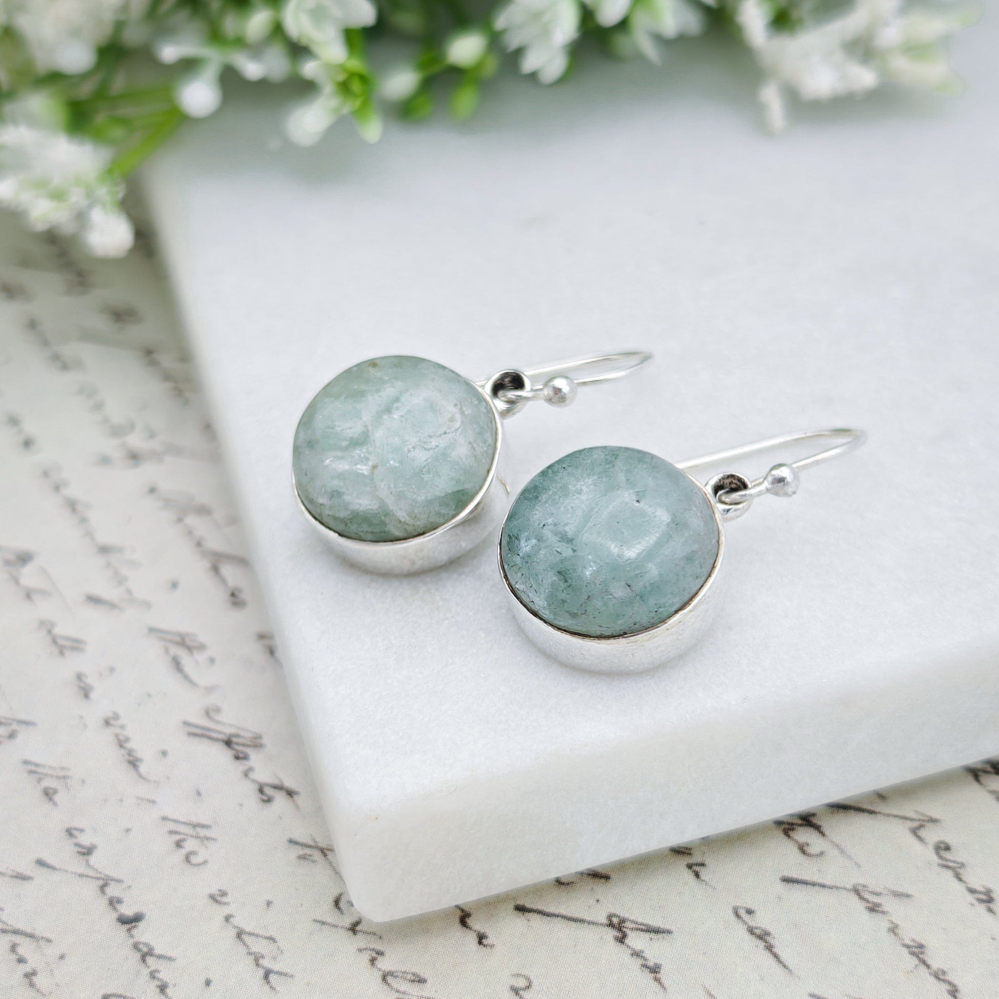 Hepburn and Hughes Aquamarine Sterling Silver Earrings | 13mm Circle | March Birthstone