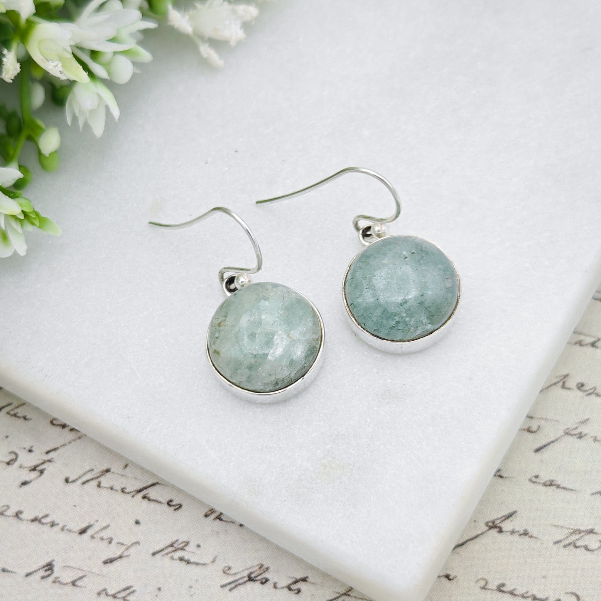 Hepburn and Hughes Aquamarine Sterling Silver Earrings | 13mm Circle | March Birthstone