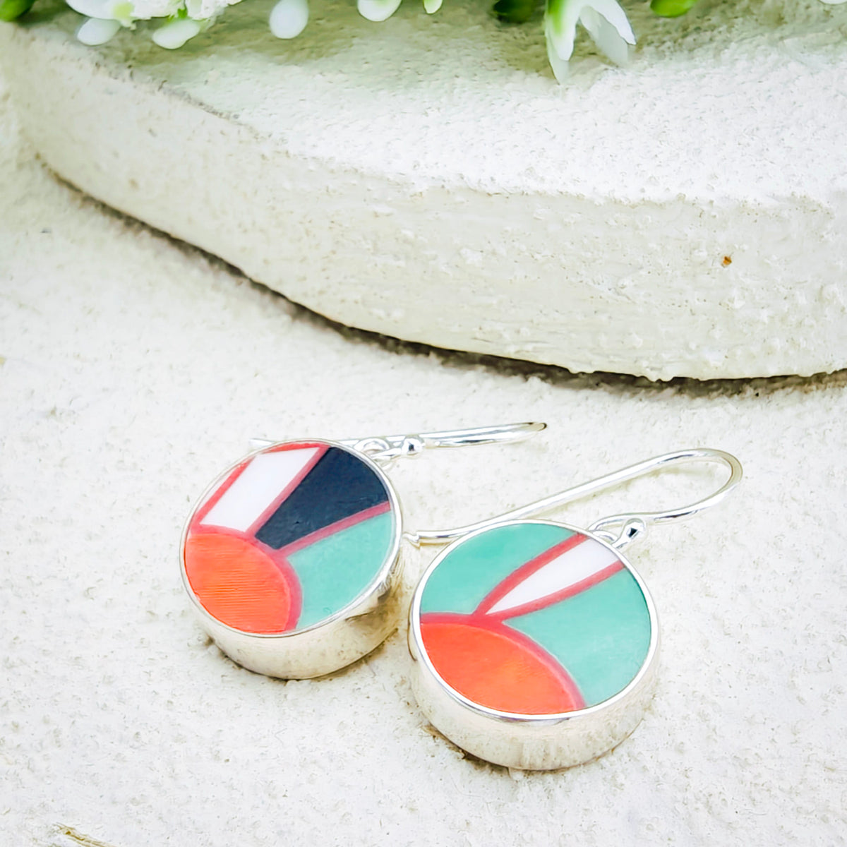 Hepburn and Hughes Art Deco Circular Earrings | Clarice Cliff Ceramics | Two Options | Sterling Silver