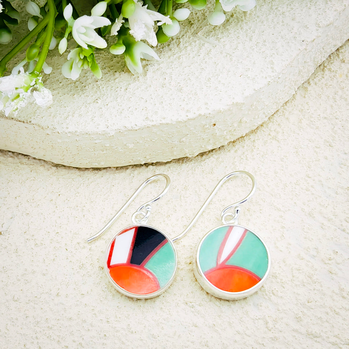 Hepburn and Hughes Art Deco Circular Earrings | Clarice Cliff Ceramics | Two Options | Sterling Silver