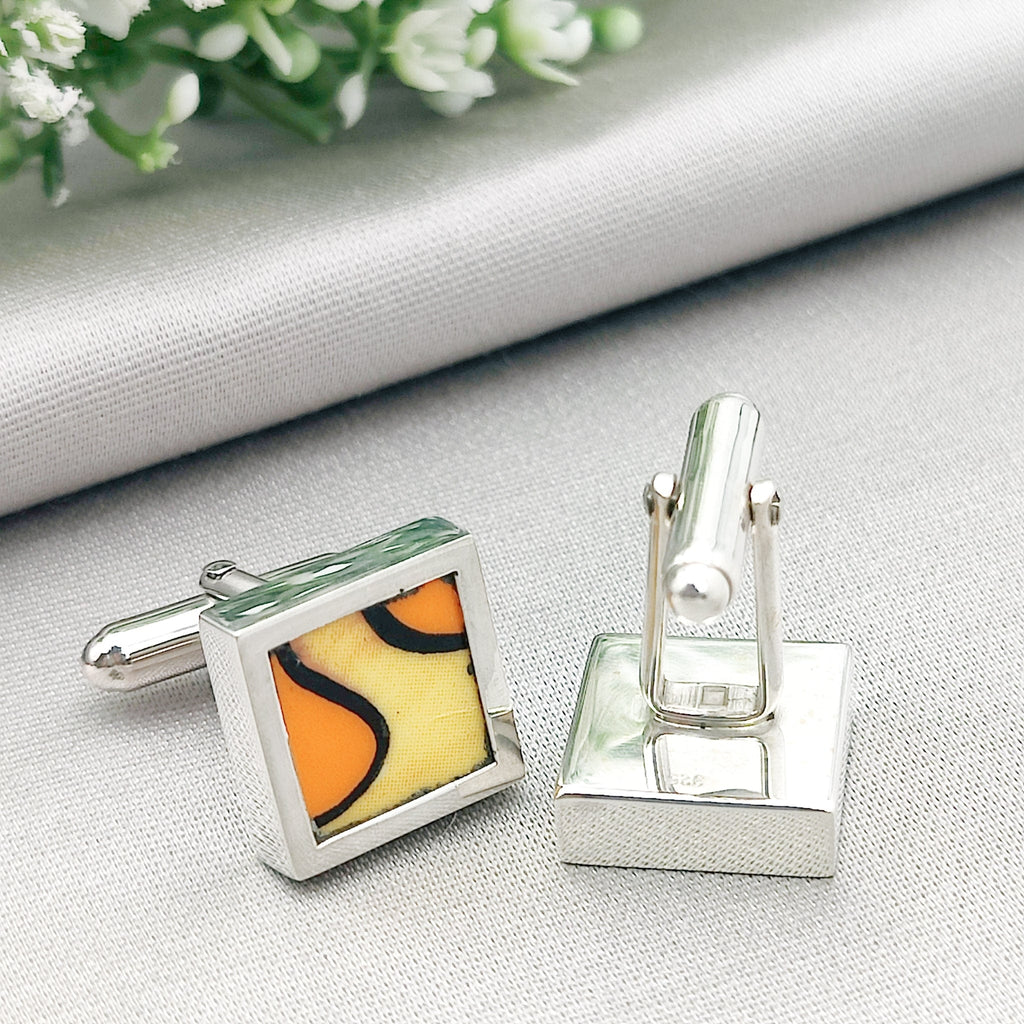 Hepburn and Hughes Art Deco Cufflinks | Clarice Cliff Bizarre Range Cuff Links | Sterling Silver and Pottery