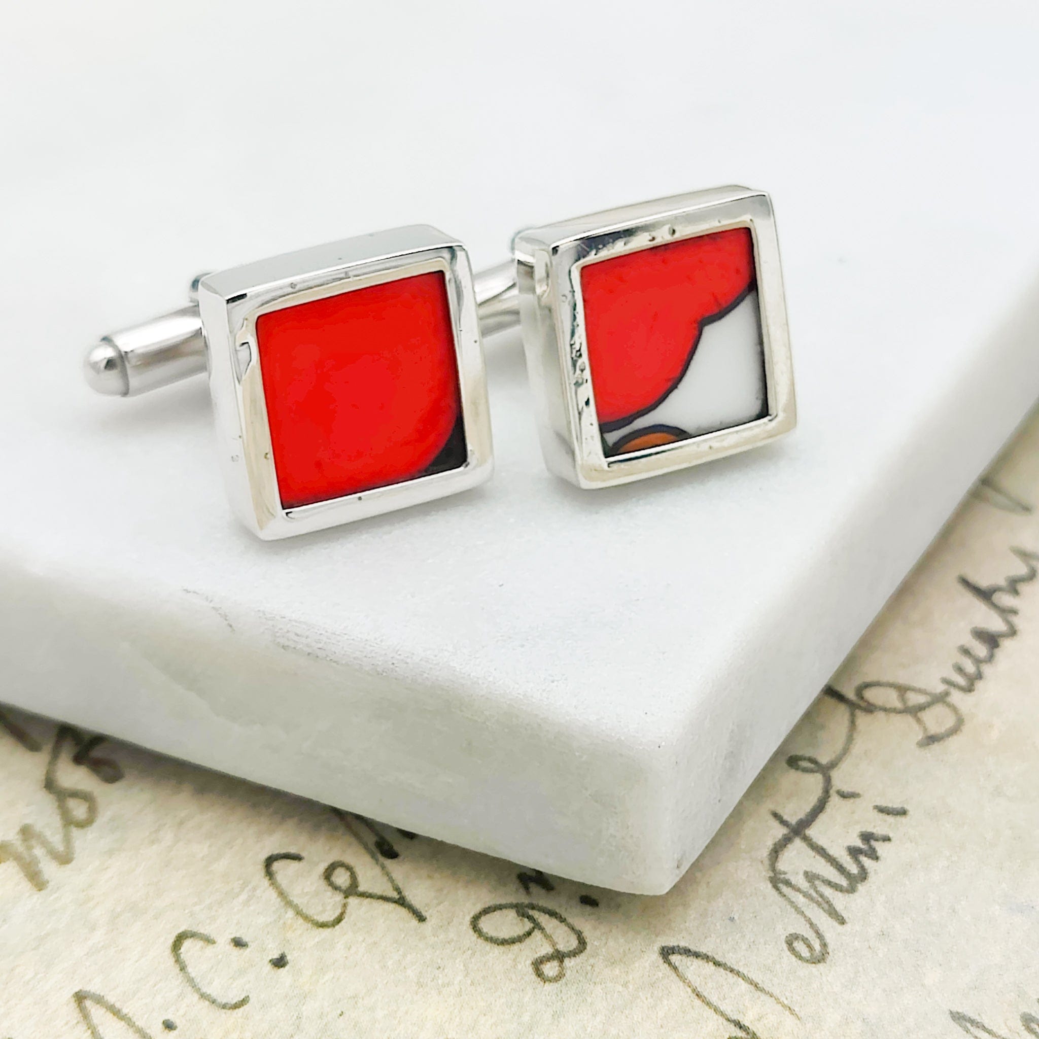 Hepburn and Hughes Art Deco Cufflinks | Clarice Cliff Gift | Orange or Red | Sterling Silver