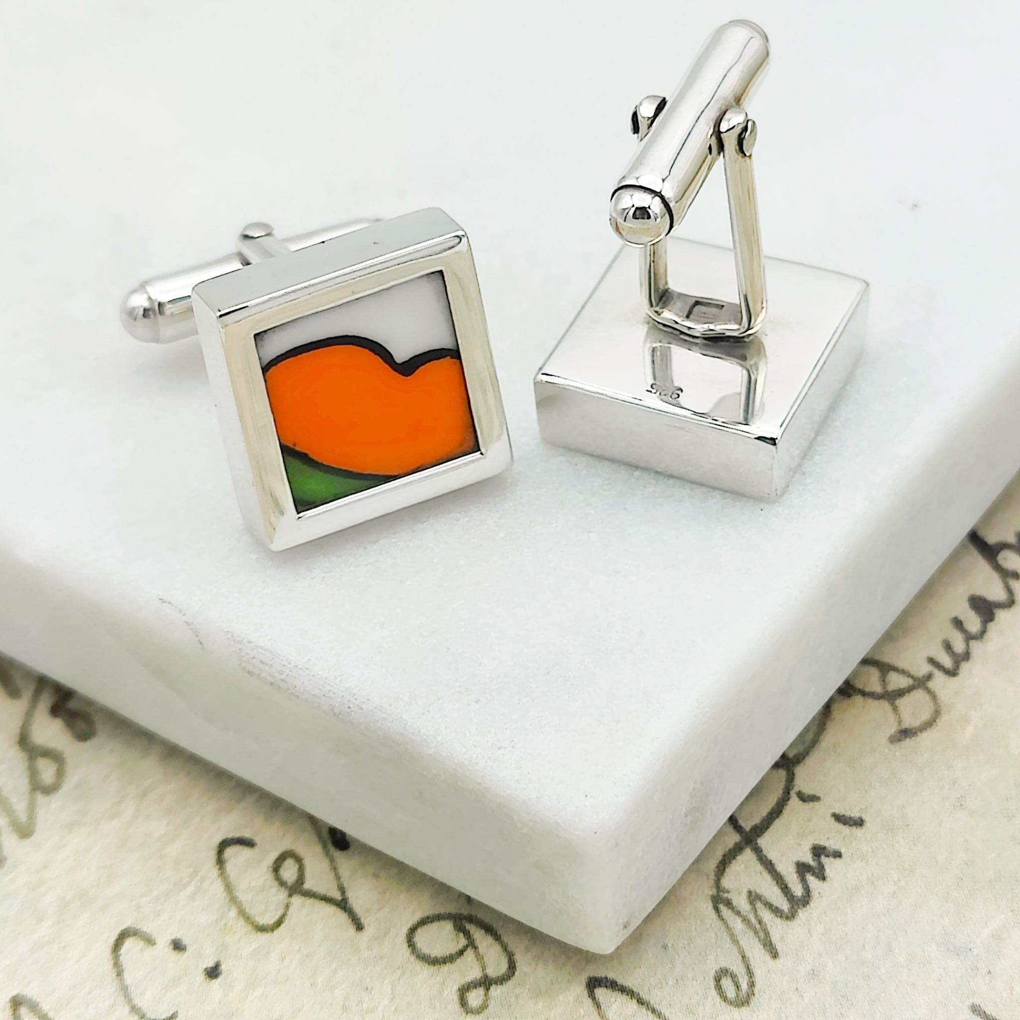 Hepburn and Hughes Art Deco Cufflinks | Clarice Cliff Gift | Orange or Red | Sterling Silver