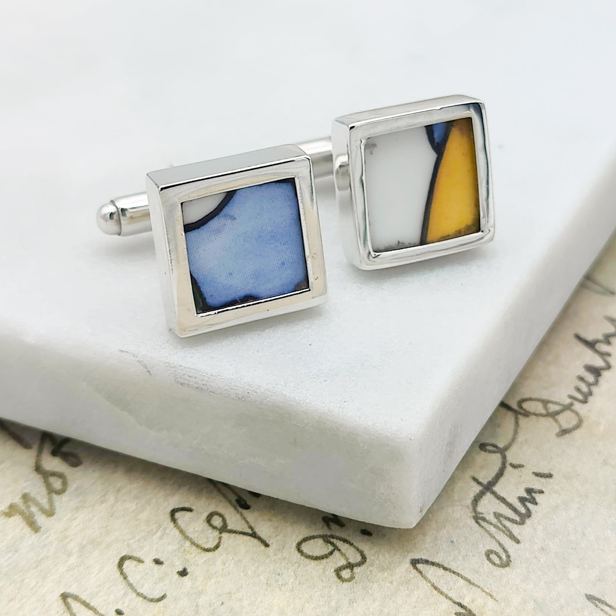 Hepburn and Hughes Art Deco Cufflinks | Clarice Cliff Pottery | 15mm Blue | Sterling Silver