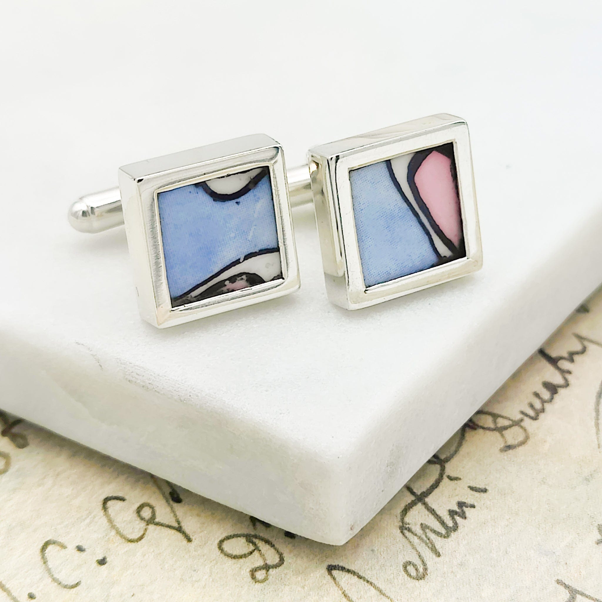 Hepburn and Hughes Art Deco Cufflinks | Clarice Cliff Pottery | 15mm Blue | Sterling Silver