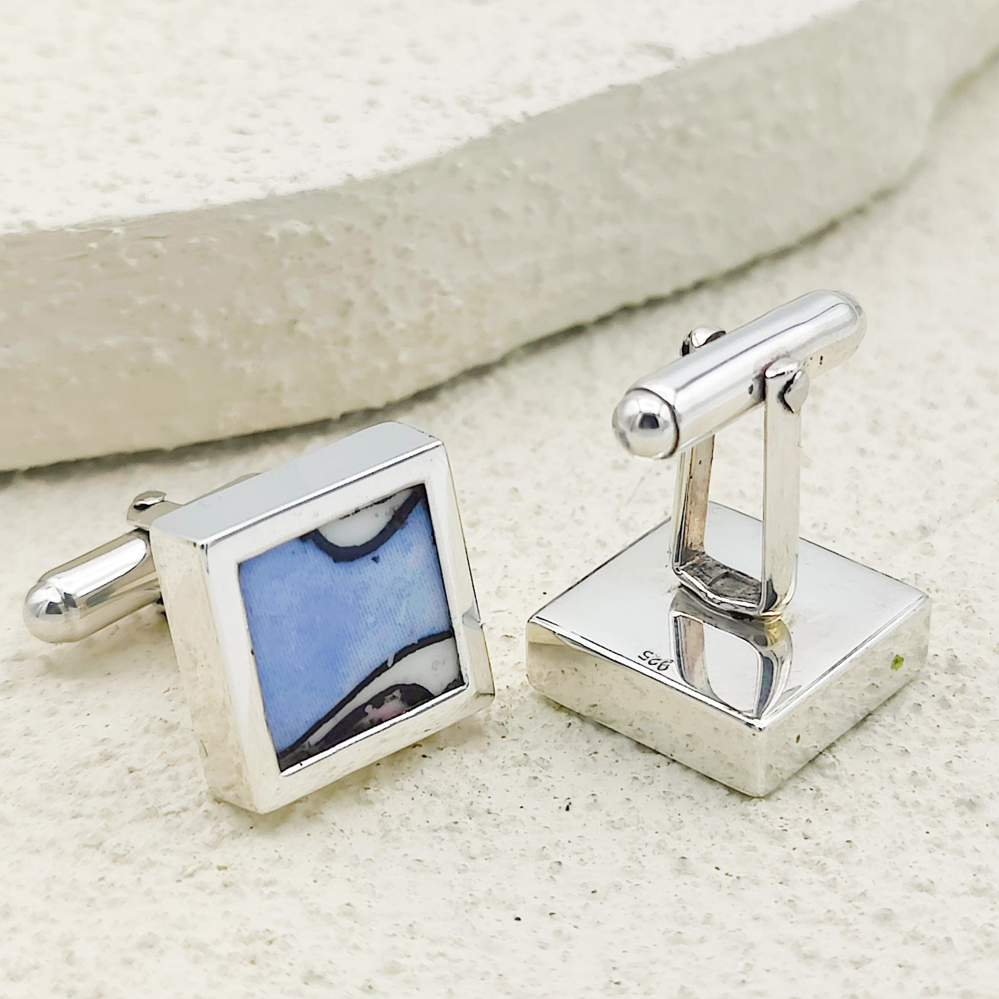 Hepburn and Hughes Art Deco Cufflinks | Clarice Cliff Pottery | 15mm Blue | Sterling Silver