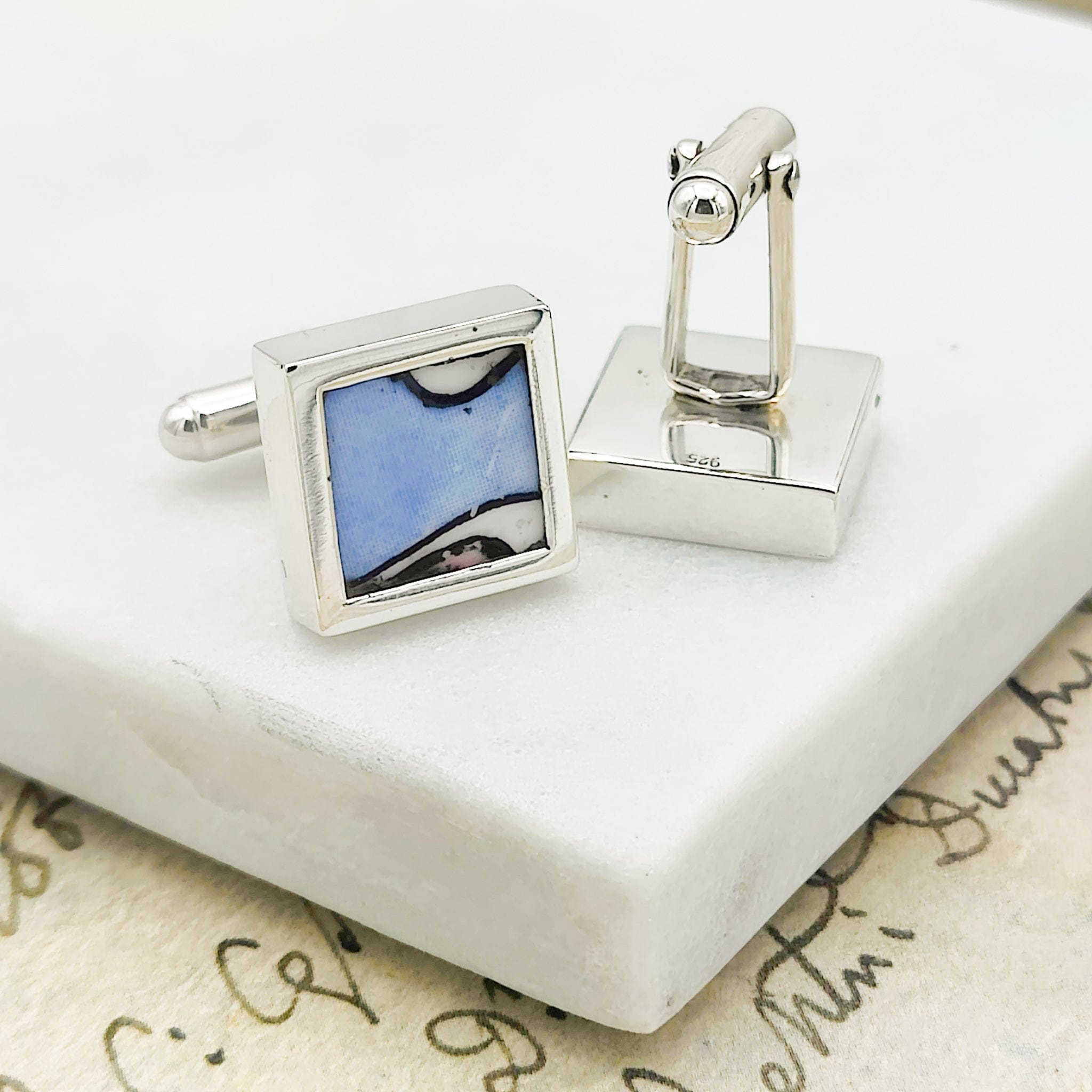 Hepburn and Hughes Art Deco Cufflinks | Clarice Cliff Pottery | 15mm Blue | Sterling Silver
