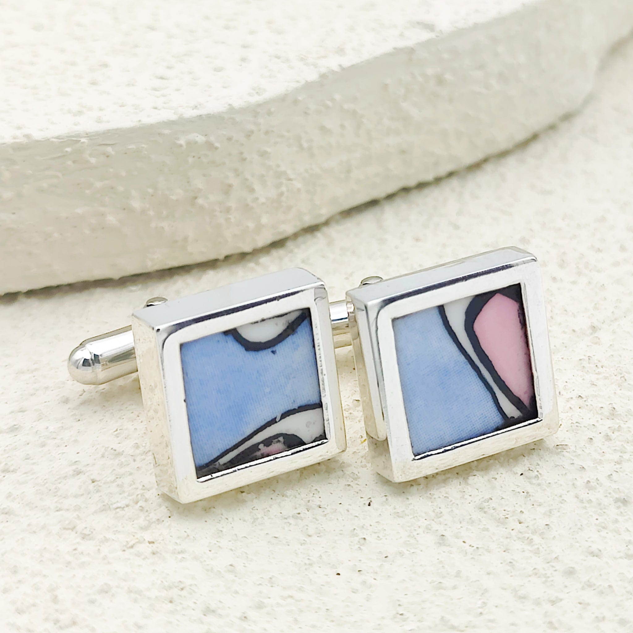 Hepburn and Hughes Art Deco Cufflinks | Clarice Cliff Pottery | 15mm Blue | Sterling Silver