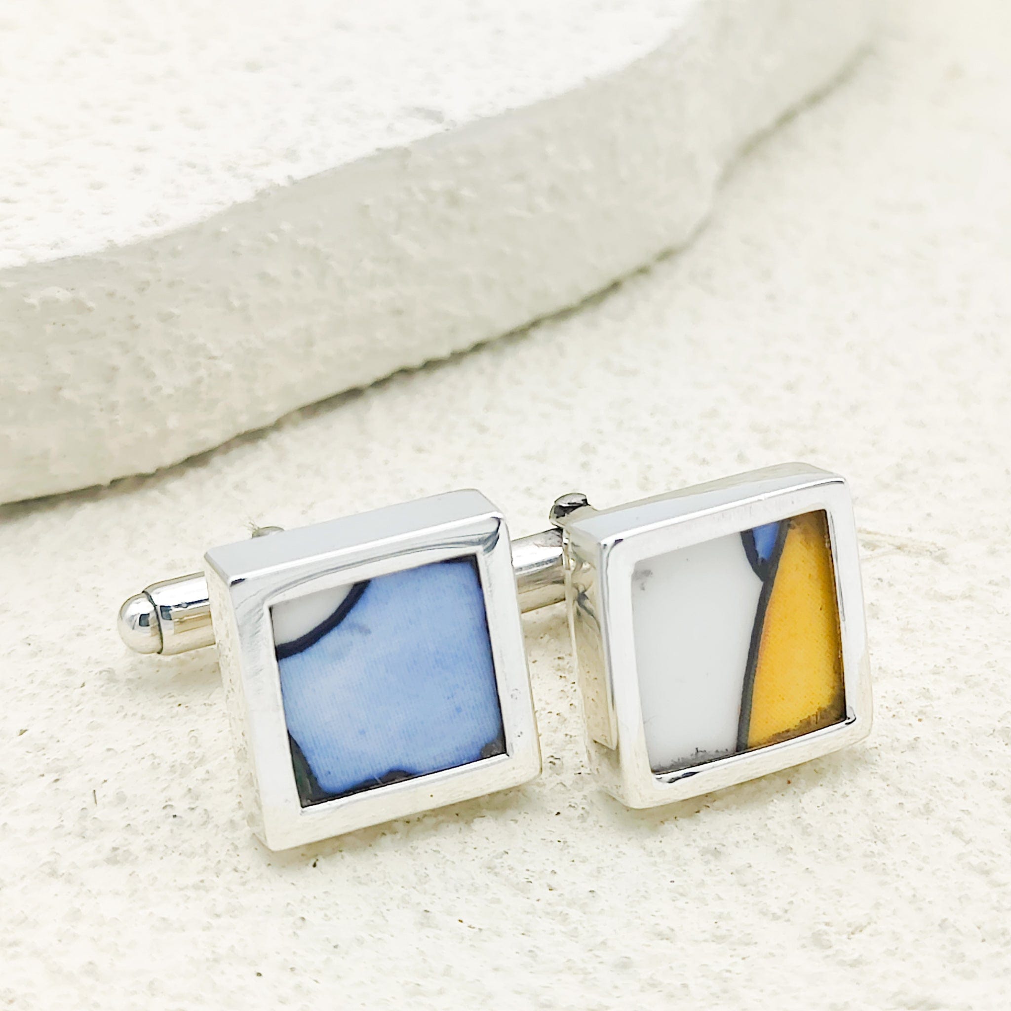 Hepburn and Hughes Art Deco Cufflinks | Clarice Cliff Pottery | 15mm Blue | Sterling Silver