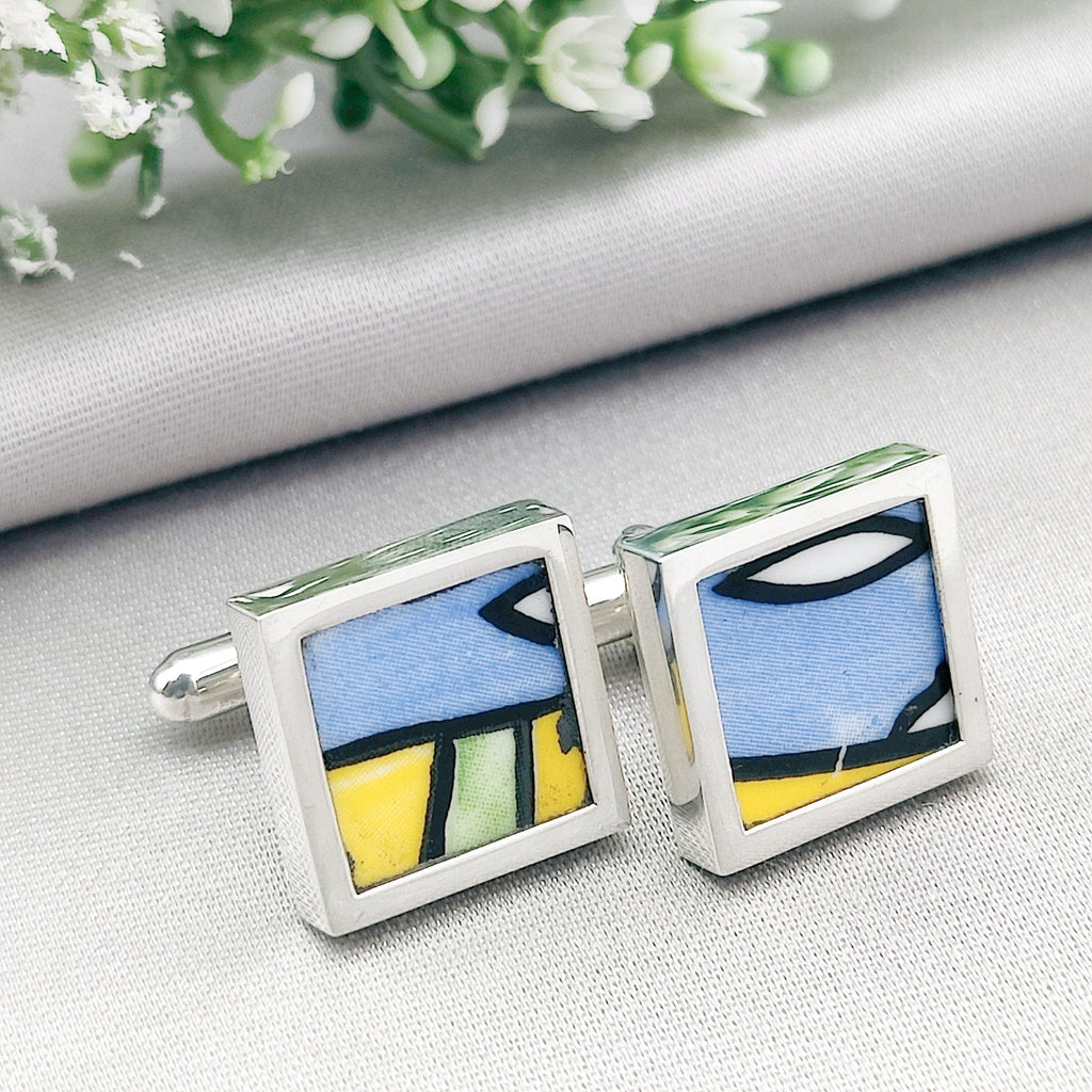 Hepburn and Hughes Art Deco Cufflinks | Clarice Cliff Pottery | 17mm Blue | Sterling Silver