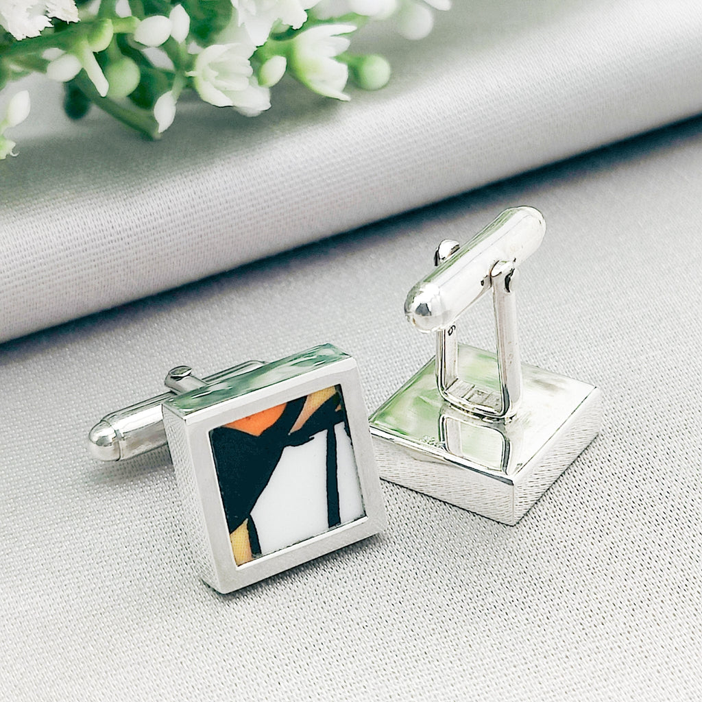 Hepburn and Hughes Art Deco Cufflinks | Clarice Cliff Pottery | Black Mix | Sterling Silver