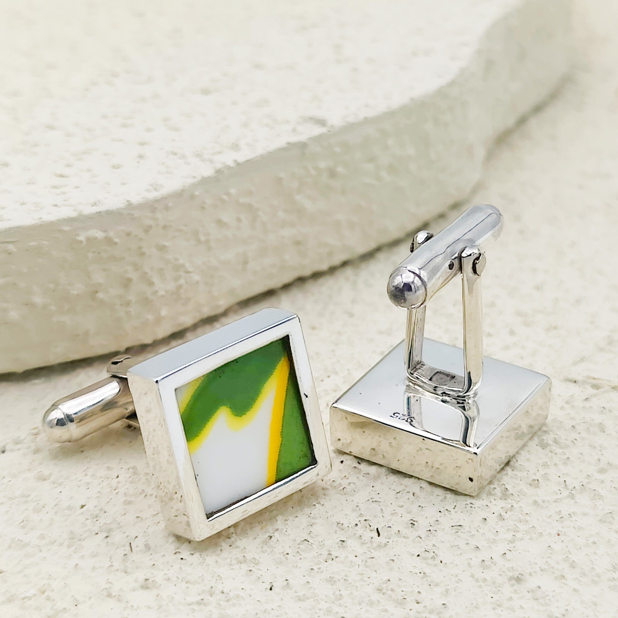 Hepburn and Hughes Art Deco Cufflinks | Clarice Cliff Pottery | Green and Yellow | Sterling Silver